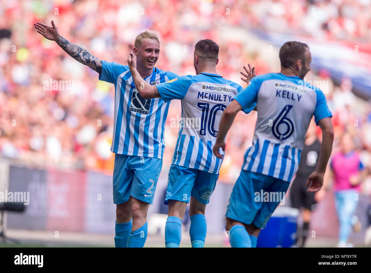 London, UK. 28th May 2018. Jack Grimmer of Coventry City celebrates scoring his goal during the EFL Sky Bet League 2 Promotion Play-Offs Final match between Coventry City and Exeter City at Wembley Stadium, London, England on 28 May 2018. Credit: THX Images/Alamy Live News Stock Photo