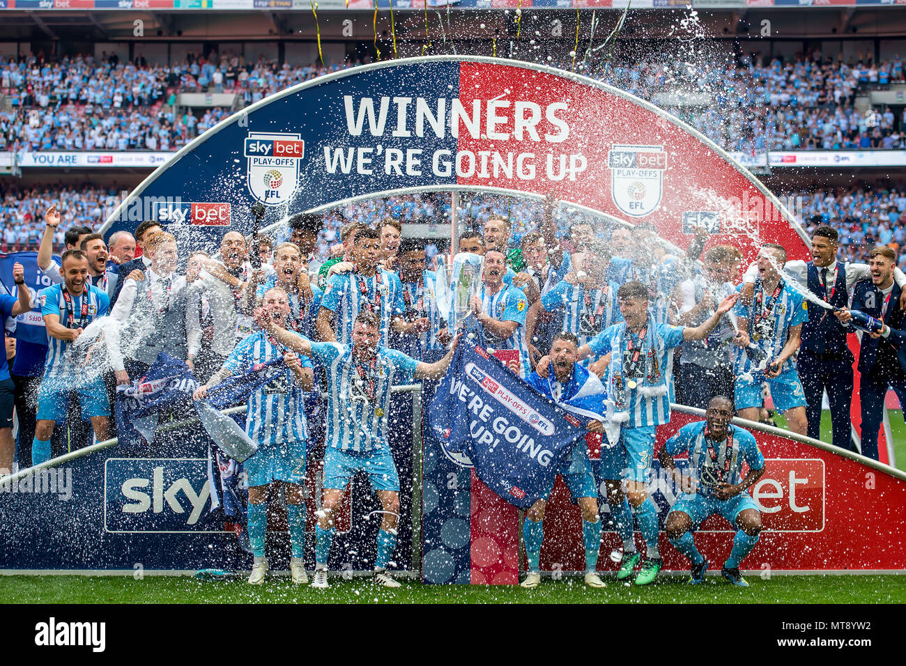 London, UK. 28th May 2018. Coventry City celebrates with the Trophy the promotion to League One during the EFL Sky Bet League 2 Promotion Play-Offs Final match between Coventry City and Exeter City at Wembley Stadium, London, England on 28 May 2018. Credit: THX Images/Alamy Live News Stock Photo