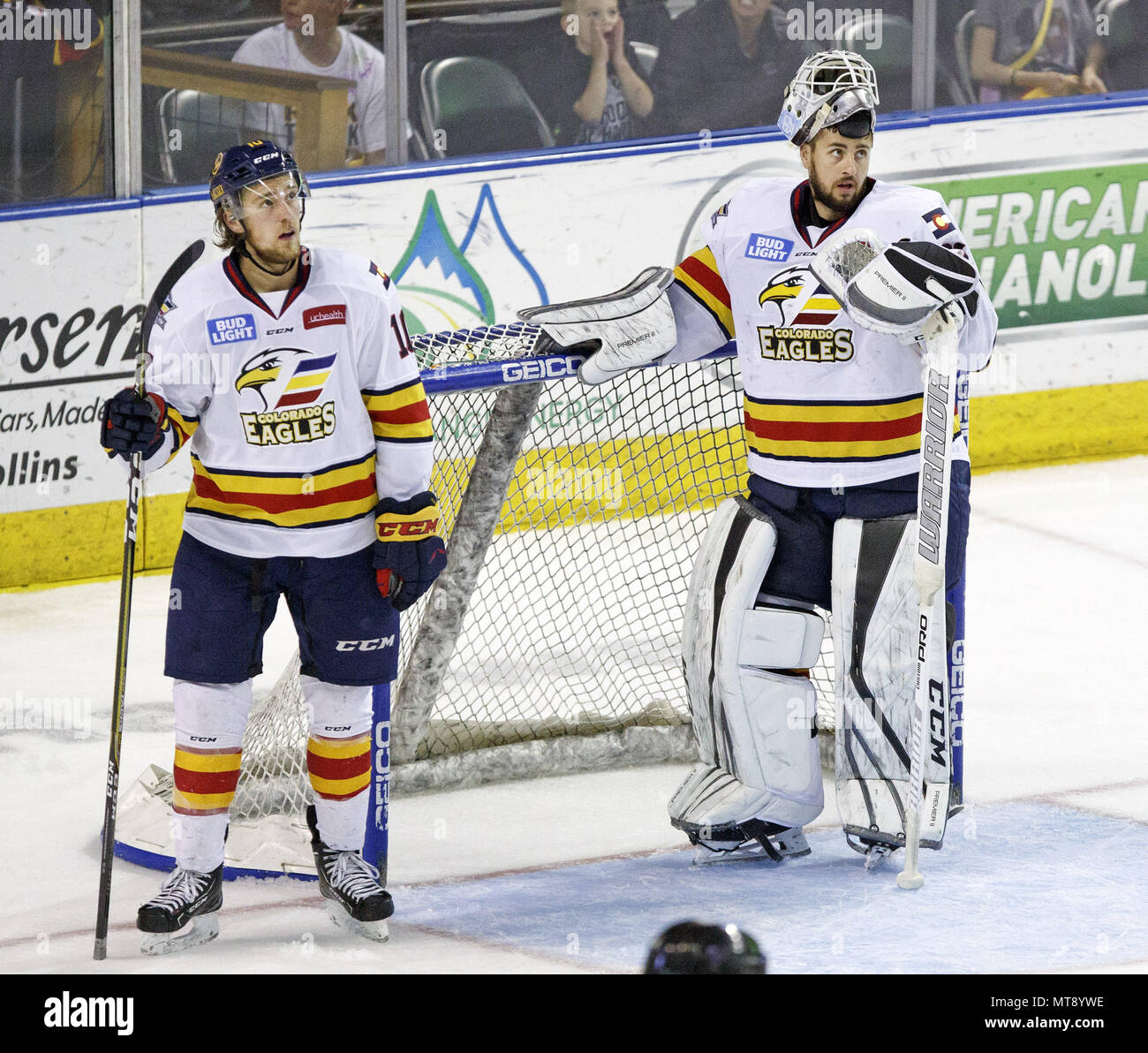 Loveland, Colorado, USA. 27th May, 2018. Eagles COLLIN BOWMAN, left, and G  JOE CANNATA, right, look at the replay on the screen after the Everblades  score the go ahead goal with less