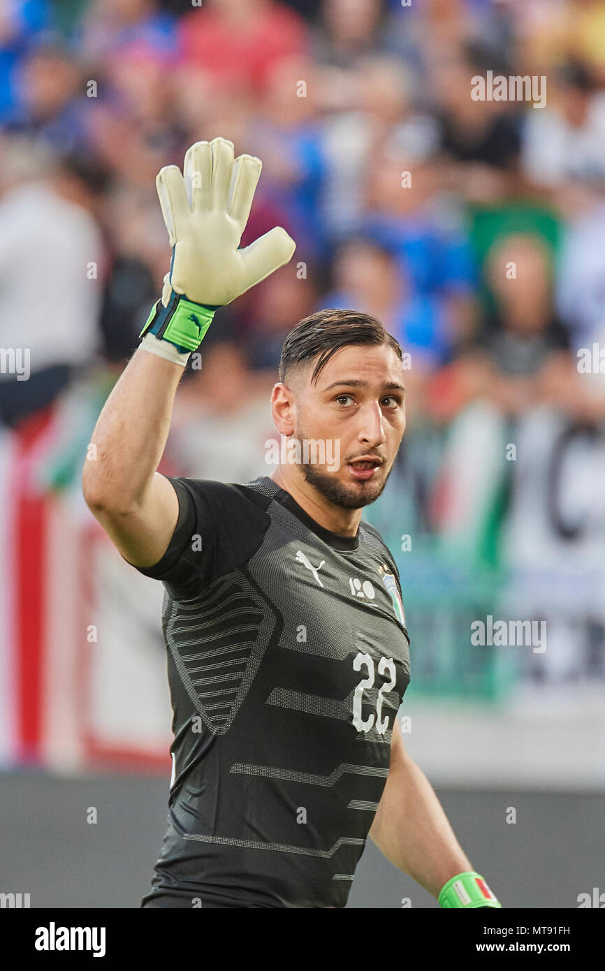 St. Gallen, Switzerland. 28th May 2018. Goalkeeper Gianluigi Donnarumma during the football World Cup 2018 preparation match Italy vs. Saudi Arabia in St. Gallen. The national team from Saudi Arabia is using the game to prepare for the 2018 FIFA World Cup final tournament in Russia while Italy did not qualify for the World Cup finals. Stock Photo
