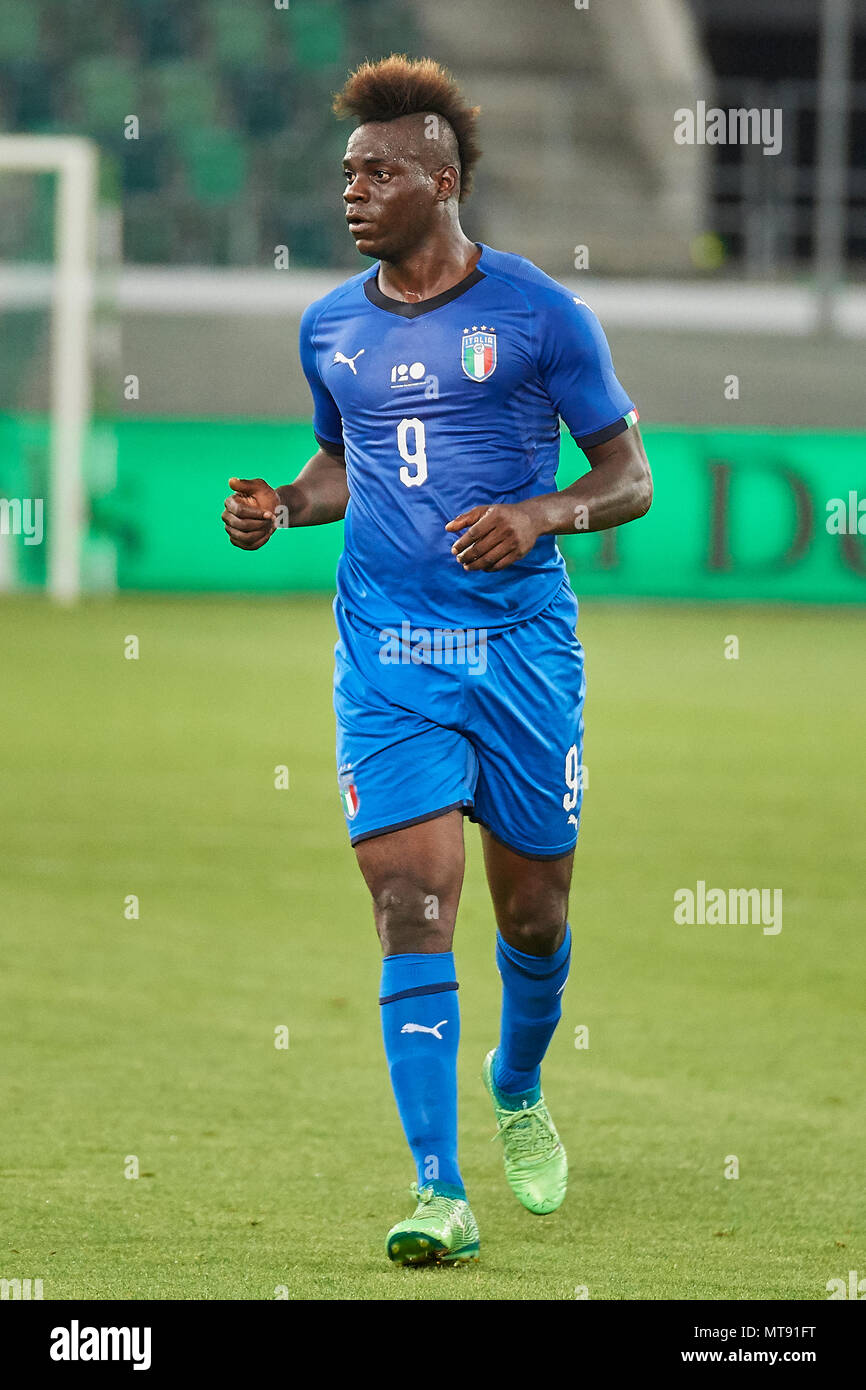 St. Gallen, Switzerland. 28th May 2018. Mario Balotelli during the football World Cup 2018 preparation match Italy vs. Saudi Arabia in St. Gallen. The national team from Saudi Arabia is using the game to prepare for the 2018 FIFA World Cup final tournament in Russia while Italy did not qualify for the World Cup finals. Stock Photo