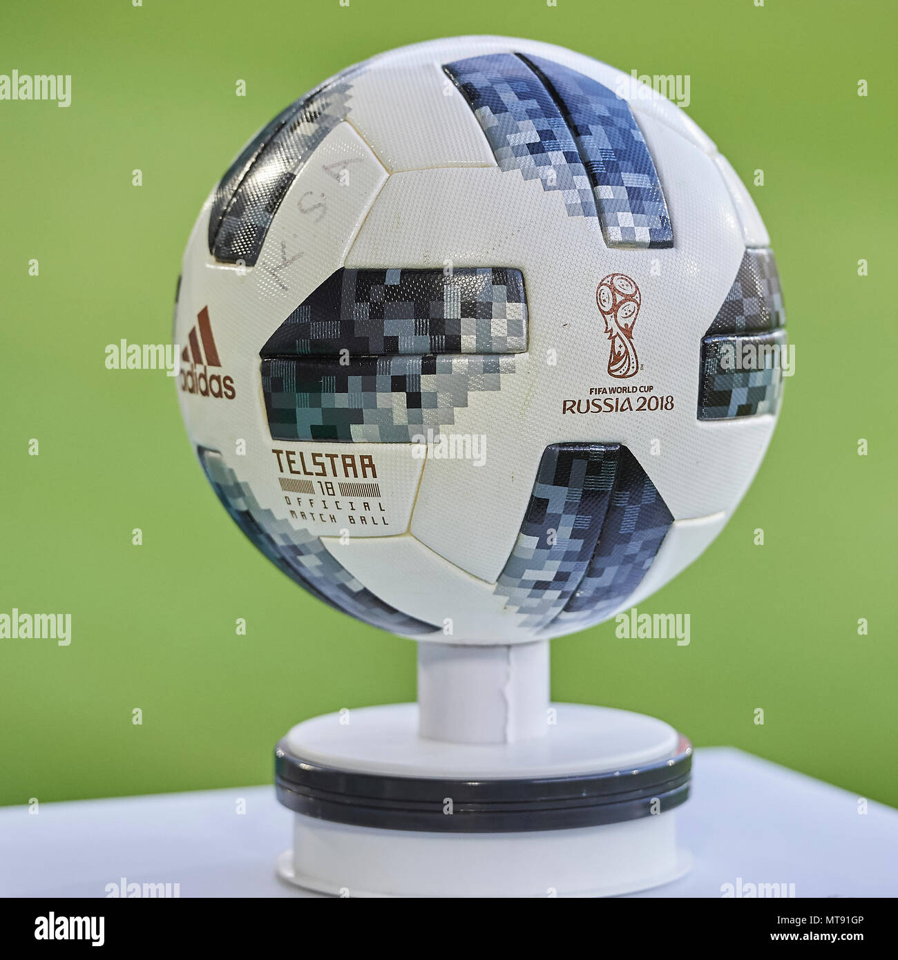 St. Gallen, Switzerland. 28th May 2018. Official match ball for the football World Cup 2018 preparation match Italy vs. Saudi Arabia in St. Gallen. The national team from Saudi Arabia is using the game to prepare for the 2018 FIFA World Cup final tournament in Russia while Italy did not qualify for the World Cup finals. Stock Photo