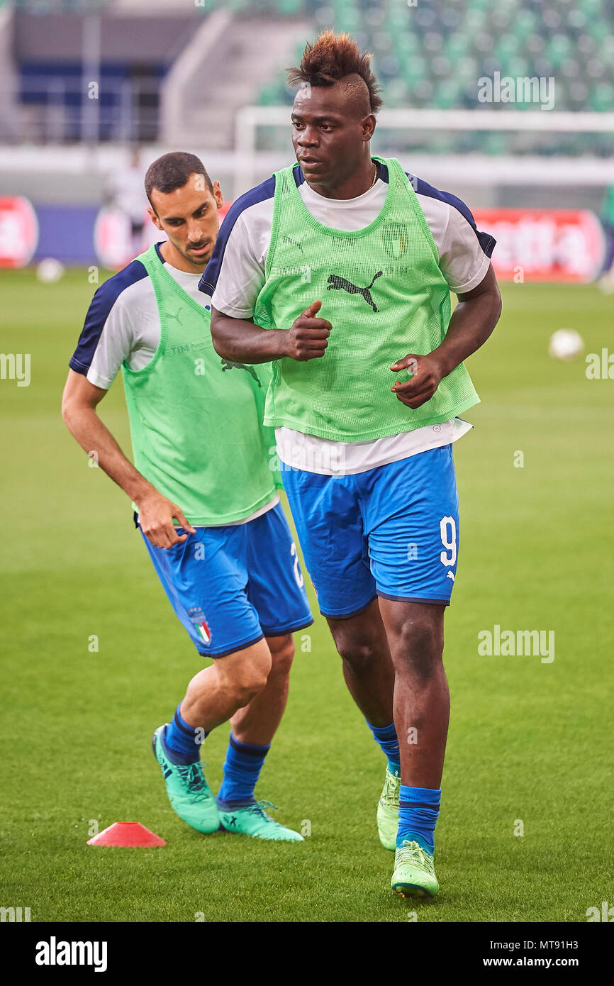 St. Gallen, Switzerland. 28th May 2018. Mario Balotelli during the football World Cup 2018 preparation match Italy vs. Saudi Arabia in St. Gallen. The national team from Saudi Arabia is using the game to prepare for the 2018 FIFA World Cup final tournament in Russia while Italy did not qualify for the World Cup finals. Stock Photo