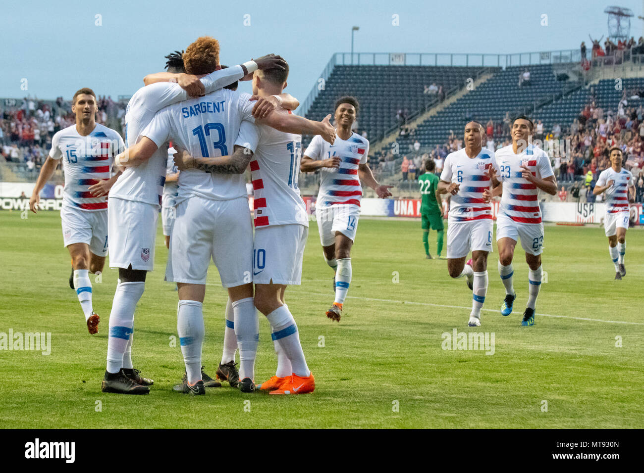 Chester, USA. 28th May 2018. Josh Sargent scores and celebrates his first international football / soccer goal for the United States Mens National Team / USMNT Credit: Don Mennig/Alamy Live News Stock Photo