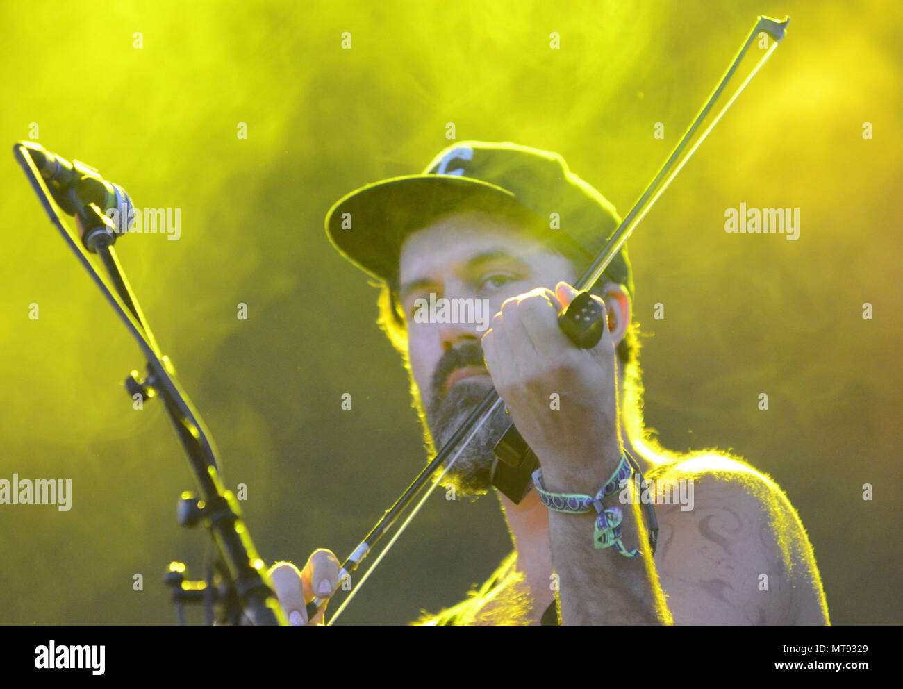 Chillicothe, Illinois, USA. 24th May, 2018. Lead singer David Satori of the  American experimental world fusion and electronic music group Beats Antique  performs during the Summer Camp Music Festival in Chillicothe, Illinois.