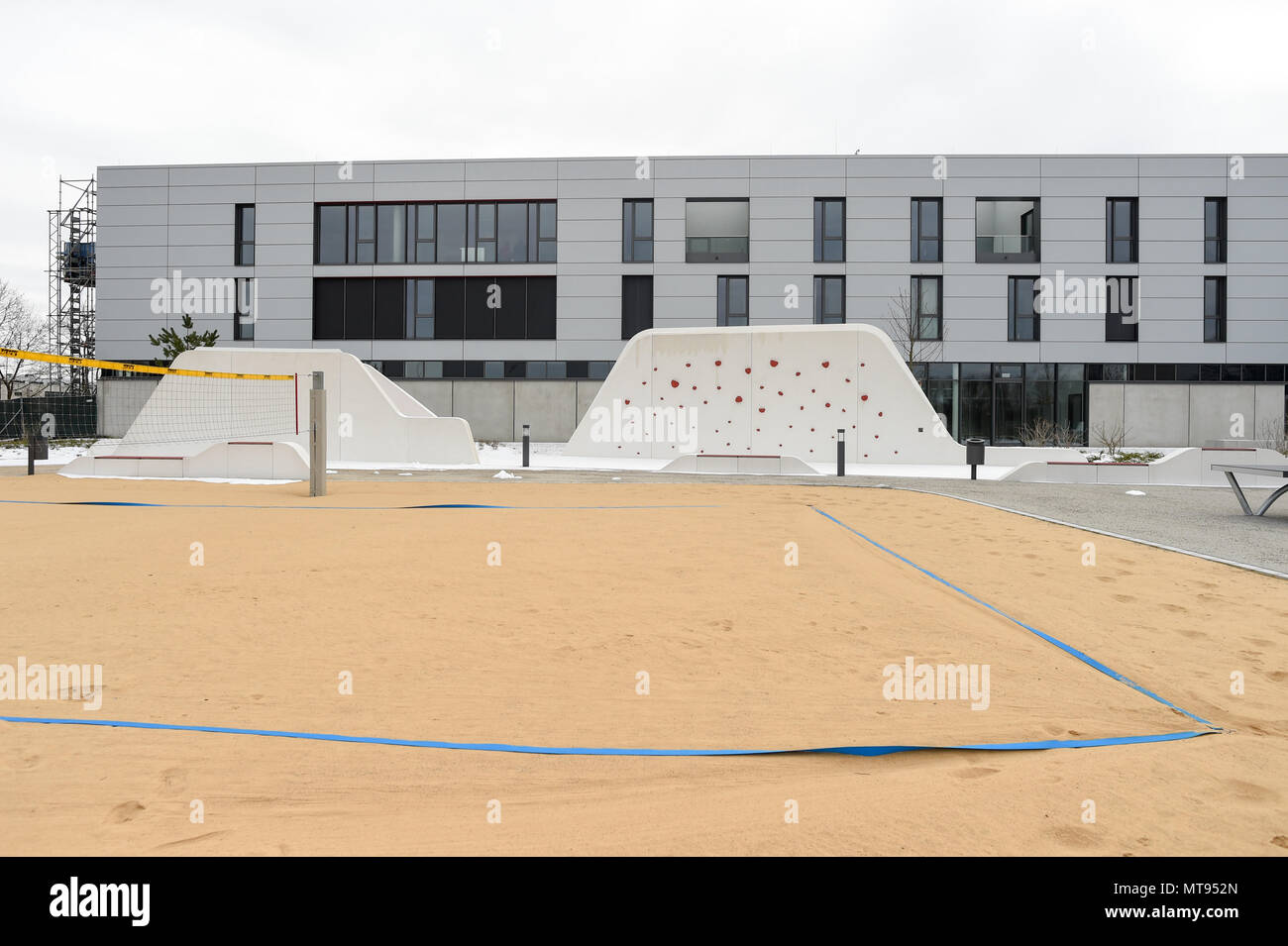 22 March 2018, Germany, Munich: The beach volleyball field on the grounds of the FC Bayern Munich Campus. The youth training centre is the athletic home of the A- to F- junior players as well as the women's team of the German record champion. Photo: Andreas Gebert/dpa Stock Photo
