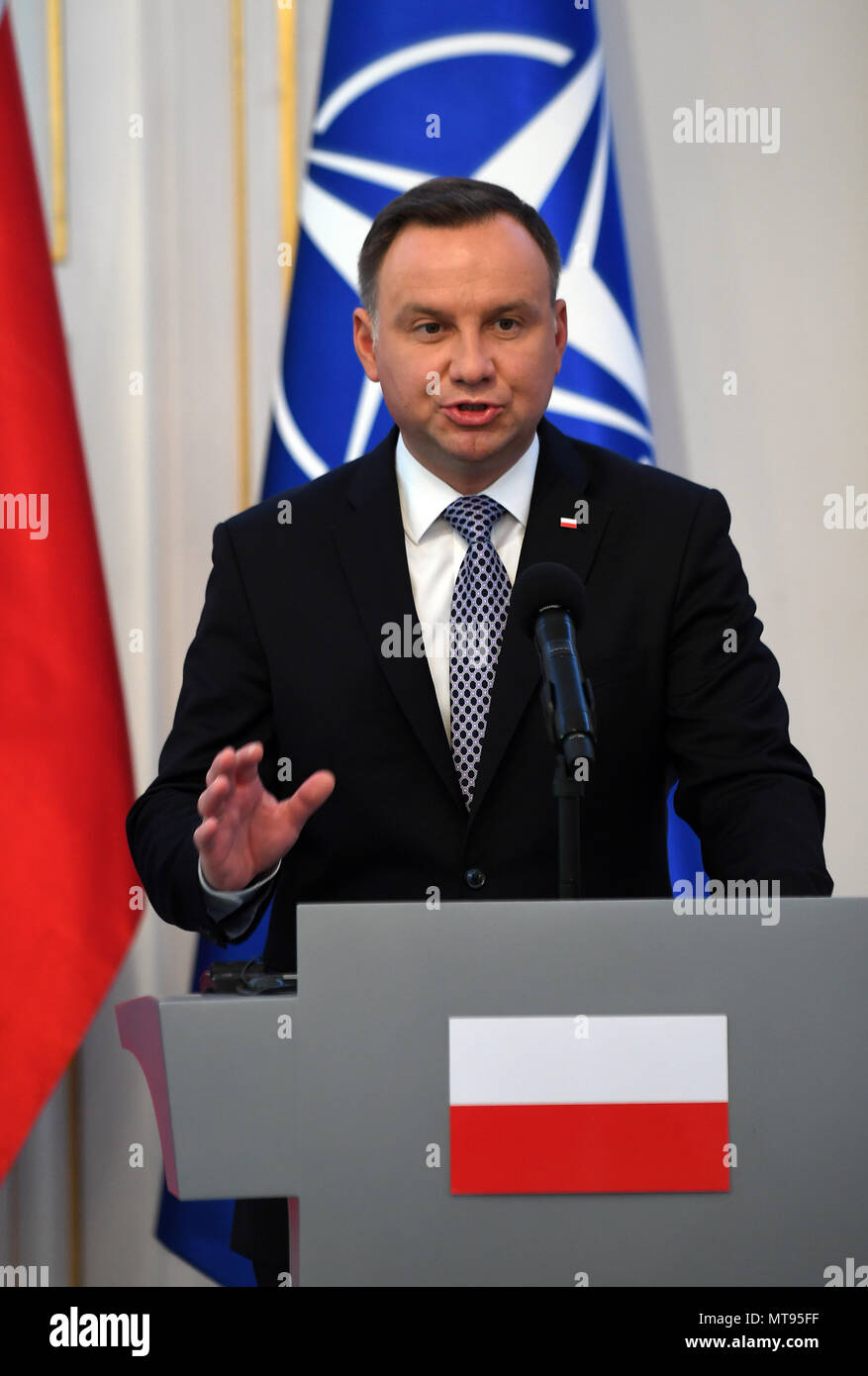 Warsaw, Poland. 28th May, 2018. Polish President Andrzej Duda speaks at a joint press conference with NATO Secretary General Jens Stoltenberg (not in picture) at Belweder Palace in Warsaw, Poland, on May 28, 2018. Credit: Maciej Gillert/Xinhua/Alamy Live News Stock Photo