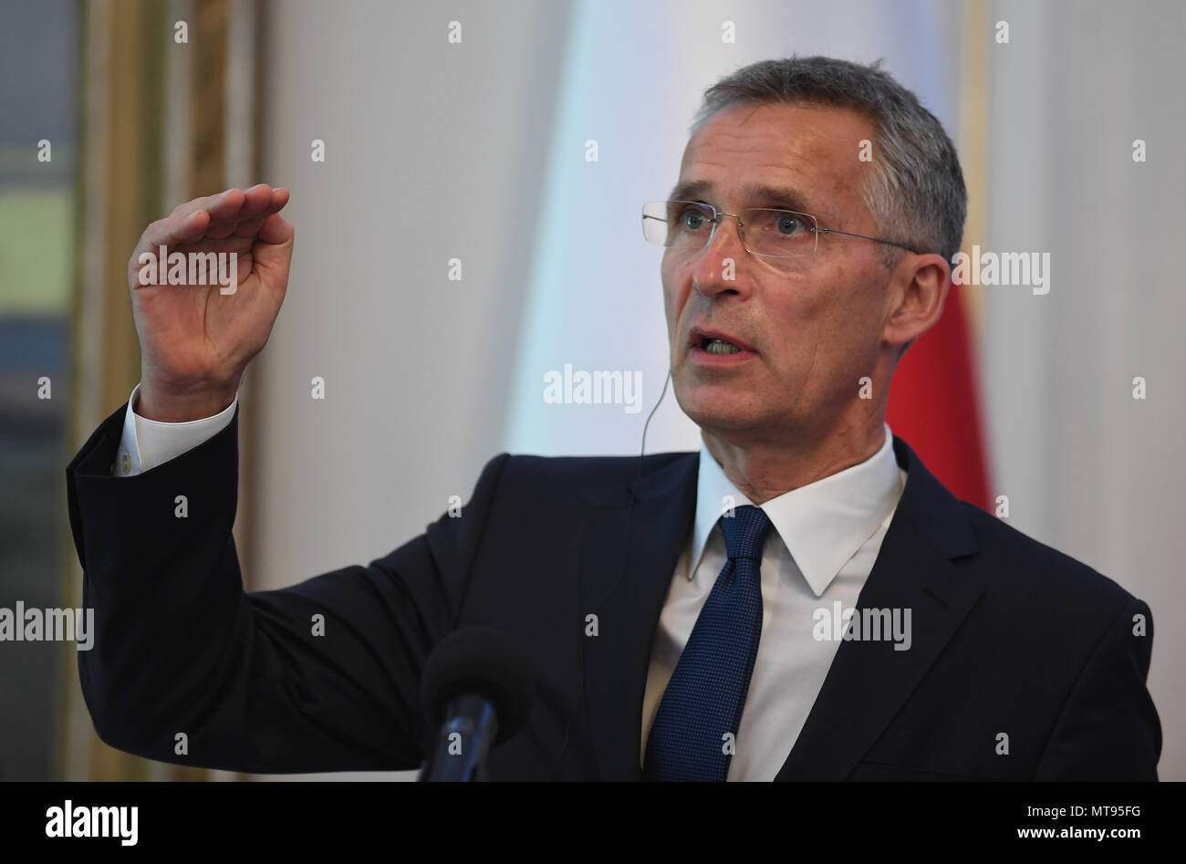 Warsaw, Poland. 28th May, 2018. NATO Secretary General Jens Stoltenberg speaks at a joint press conference with Polish President Andrzej Duda (not in picture) at Belweder Palace in Warsaw, Poland, on May 28, 2018. Credit: Maciej Gillert/Xinhua/Alamy Live News Stock Photo