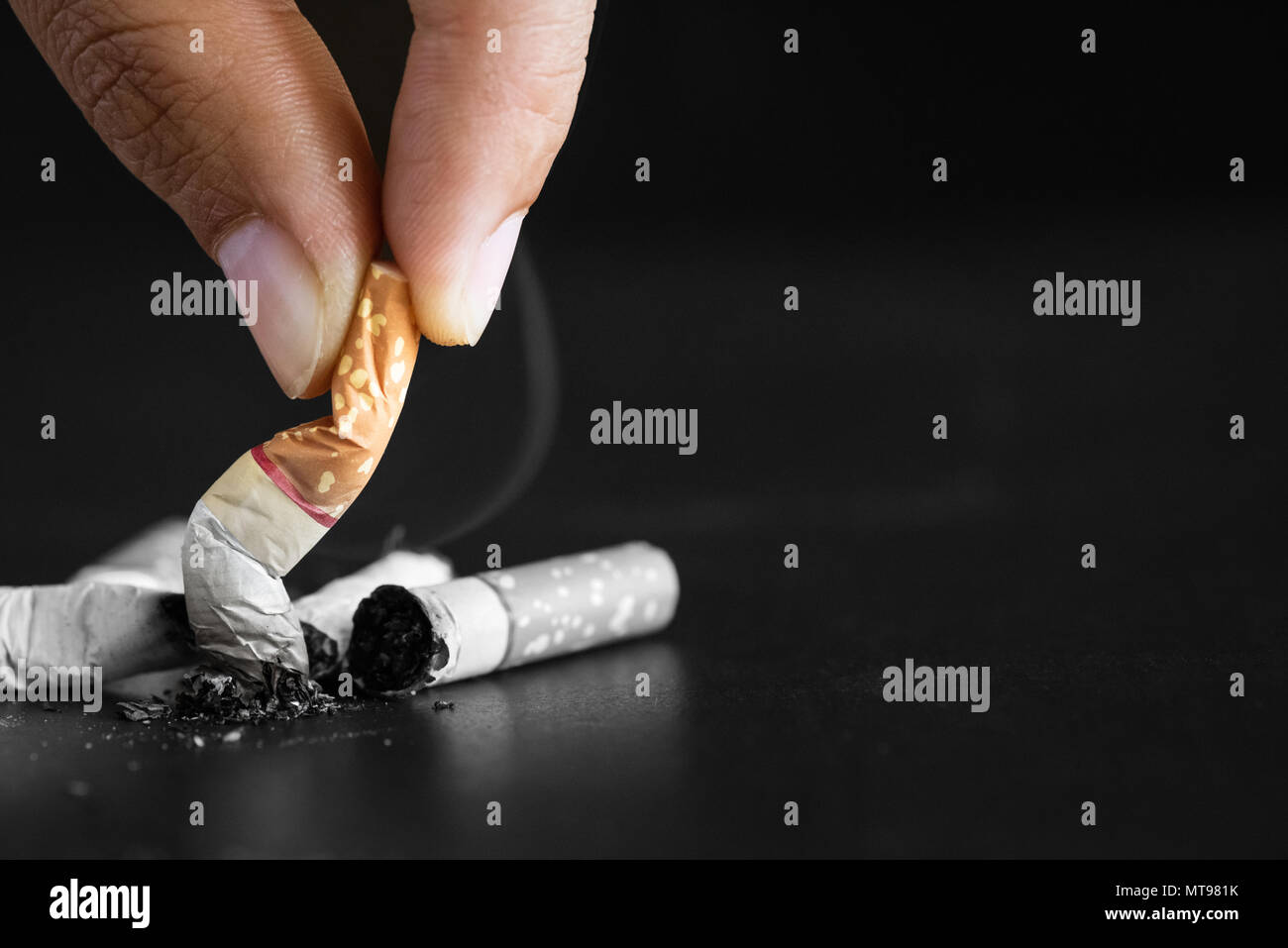 World No Tobacco Day, May 31. STOP Smoking. Close up Man hand holding and destroy  cigarettes Stock Photo