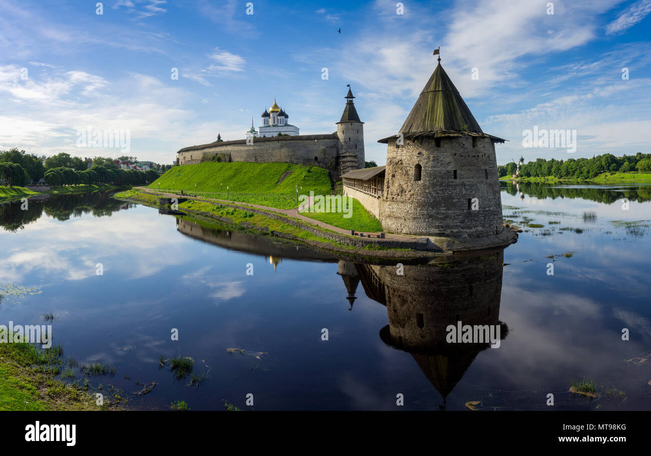 Medieval Pskov Kremlin on island Stock Photo