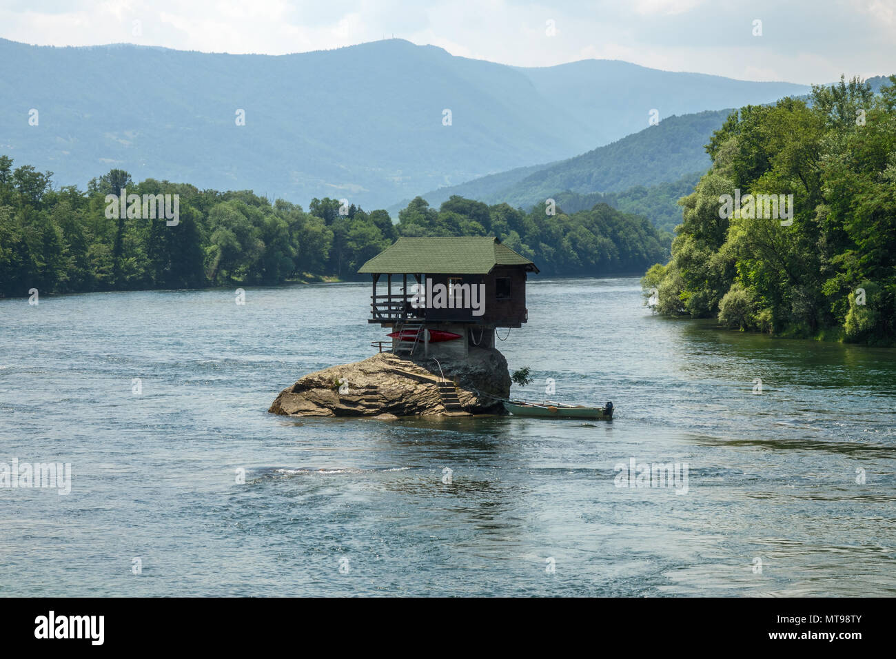 Lonely house on Drina river in Serbia Stock Photo
