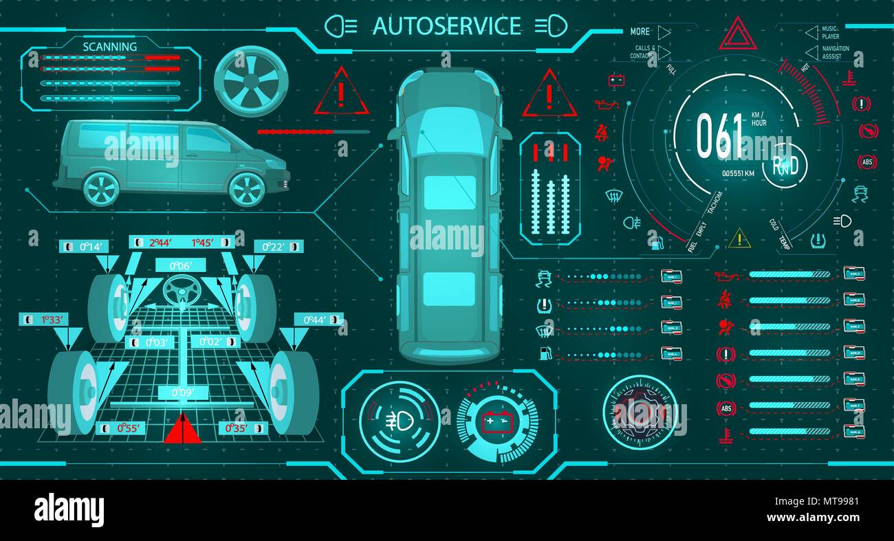 Car service. Scanning a minibus. Diagnostic alignment of the wheels