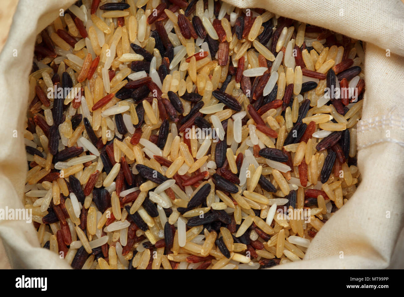 multicolor rice grain in textile bag Stock Photo