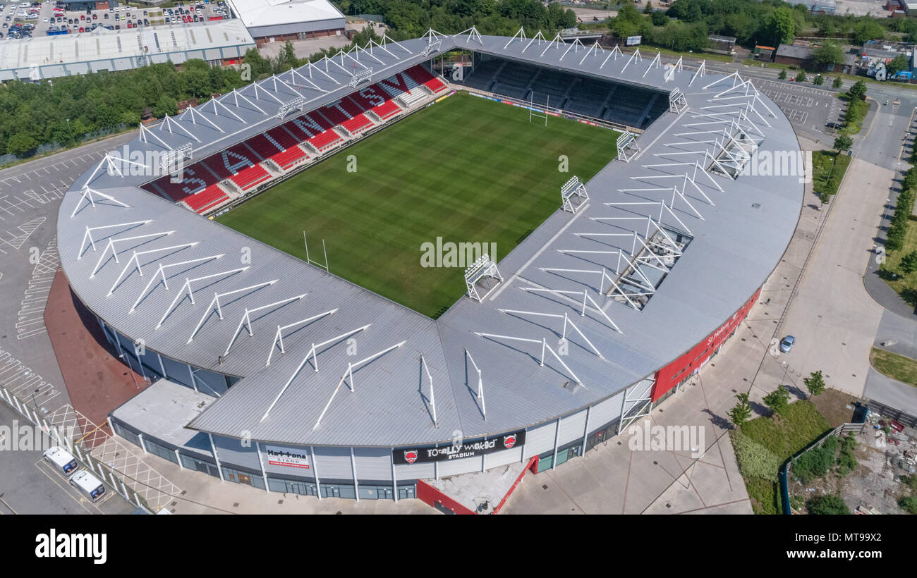 Saint (St) Helens Rugby League Football Club Ground from above.  Drone Photography, St Helens, Knowsley, Liverpool, England Uk Stock Photo