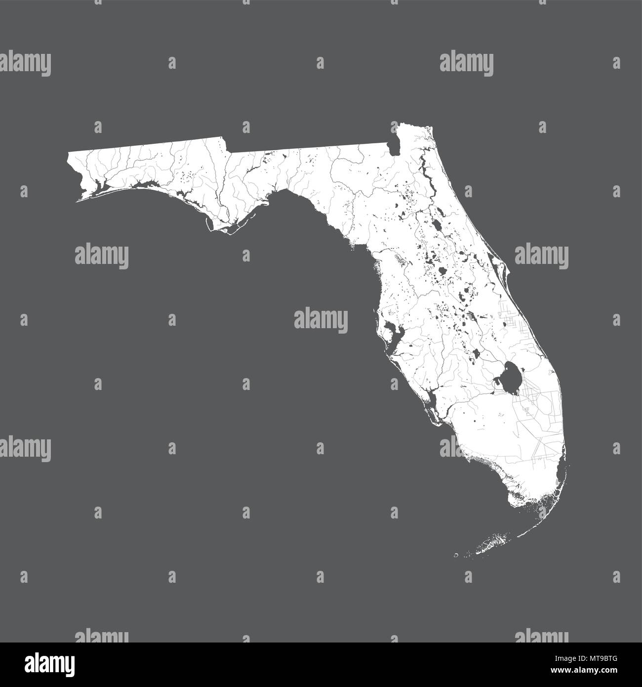 U.S. states - map of Florida. Hand made. Rivers and lakes are shown. Please look at my other images of cartographic series - they are all very detaile Stock Vector