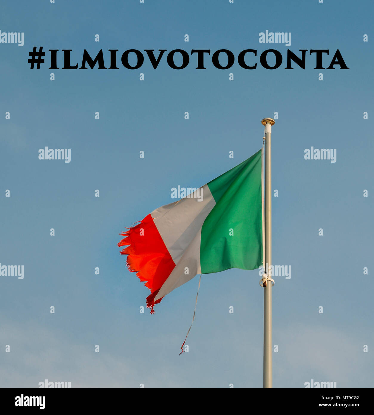 Italian flag on the mast blowing in the wind with ripped corners. Ilmiovoto conta is translated in Italian to English to mean My Vote Counts following new election to be called in 2018 Stock Photo