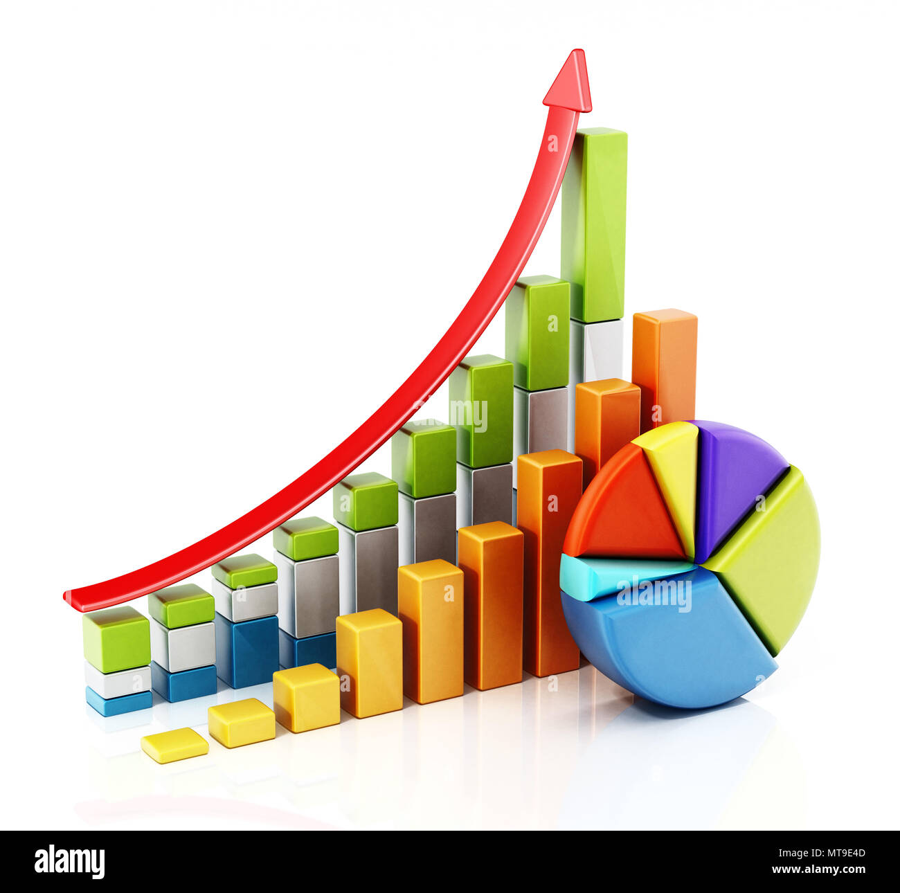 Rising sale bars and pie chart showing financial data. 3D illustration ...