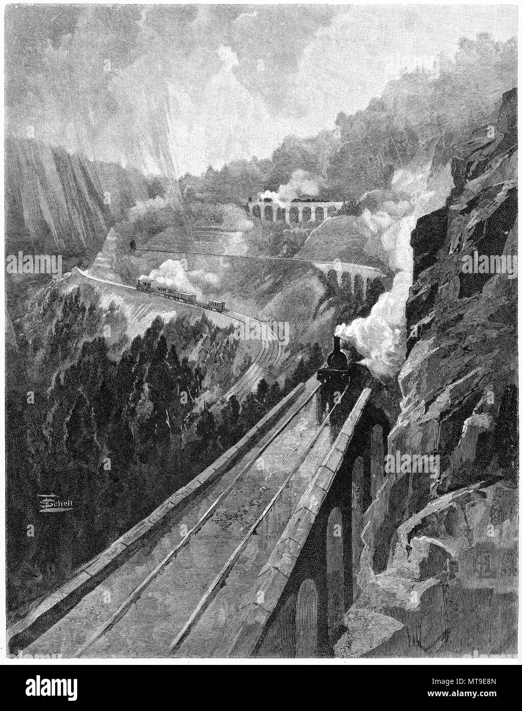 Engraving of the zig-zag railway line, New South Wales, Australia. From the Picturesque Atlas of Australasia Vol 3, 1886 Stock Photo