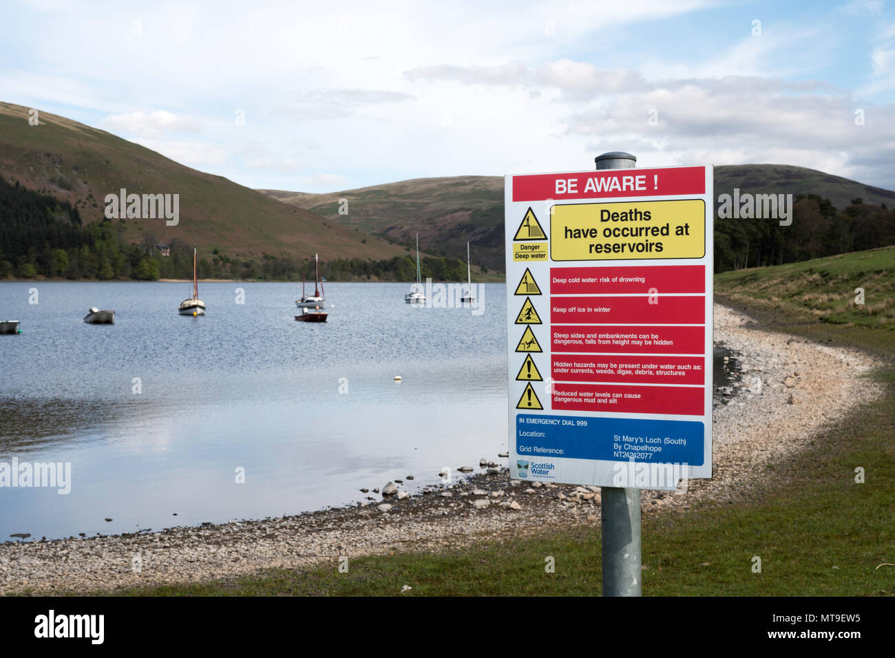 A Scottish Water safety warning notice at St Mary's Loch Sailing Club