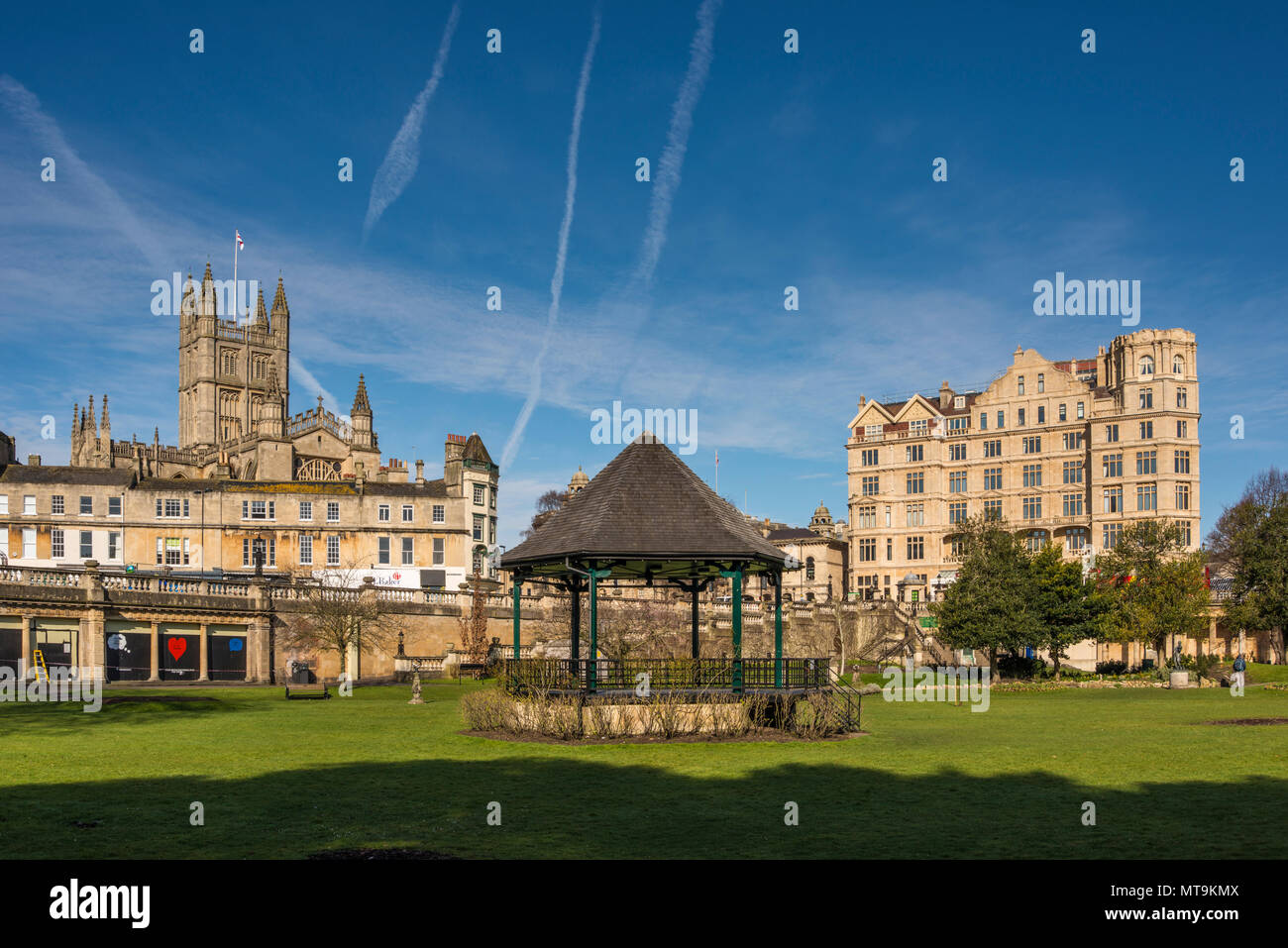 Bandstand in Parade Gardens with Bath Abbey and Empire Hotel in the background, Bath, Somerset, UK Stock Photo