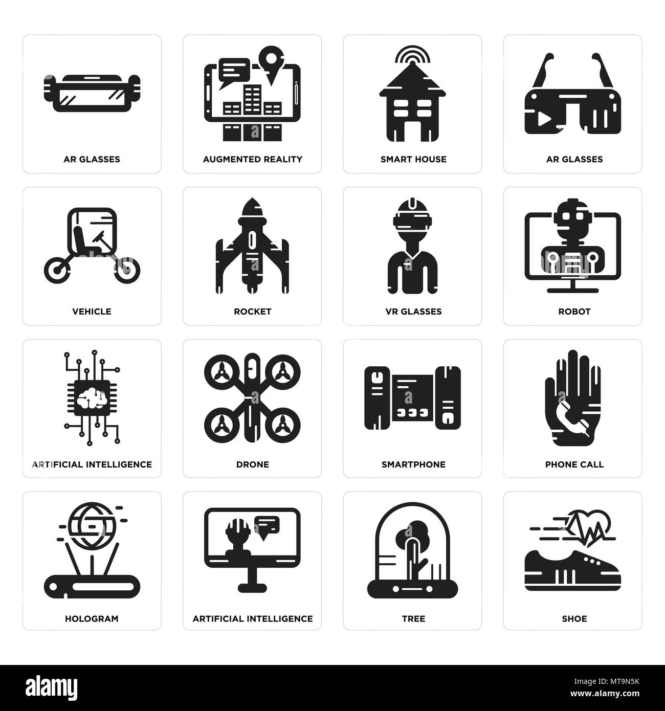 Set Of 16 simple editable icons such as Shoe, Tree, Artificial intelligence, Hologram, Phone call, Ar glasses, Vehicle, Vr glasses can be used for mob Stock Vector