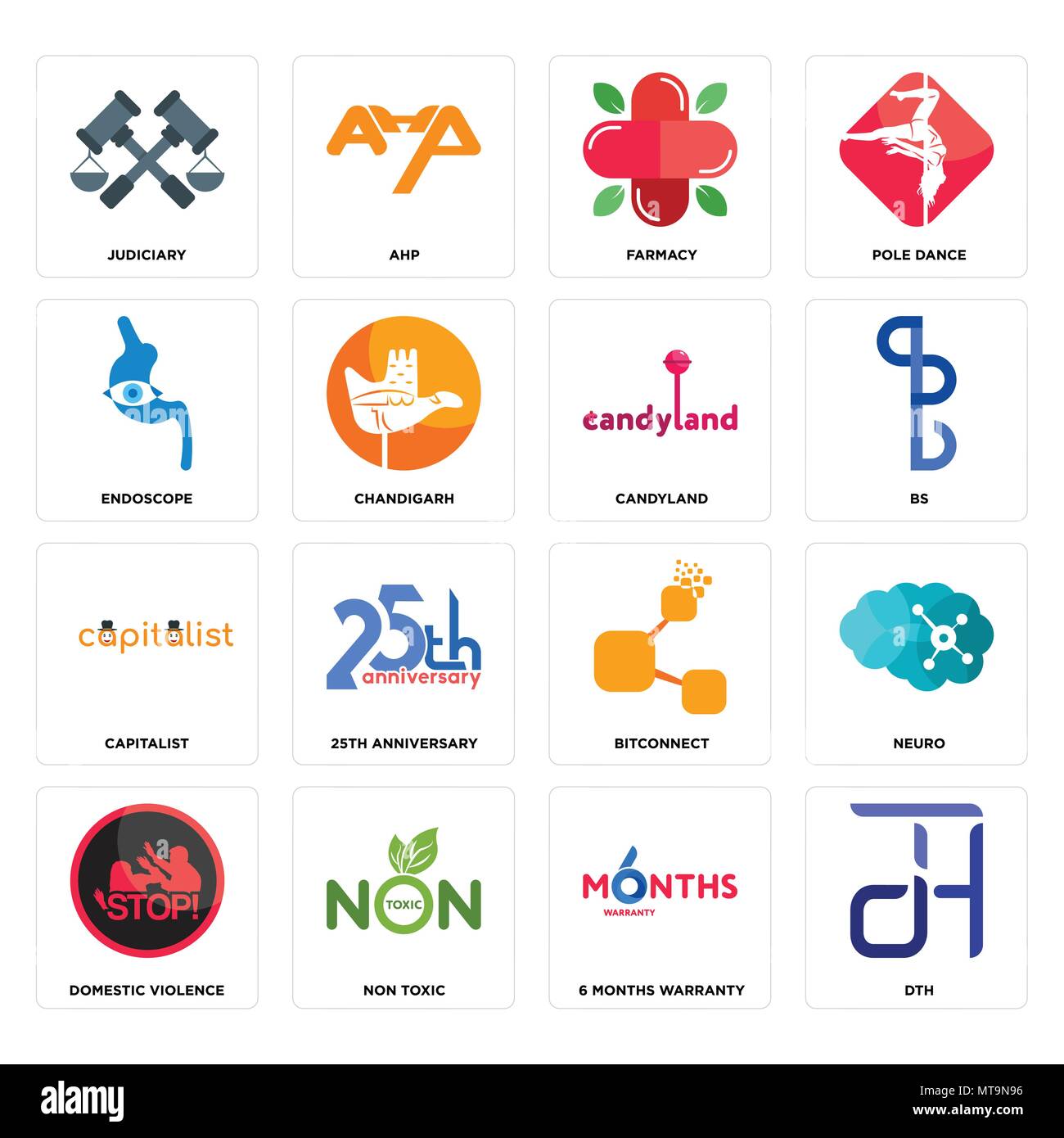 Set Of 16 simple editable icons such as dth, 6 months warranty, non toxic, domestic violence, neuro, judiciary, endoscope, capitalist, candyland can b Stock Vector