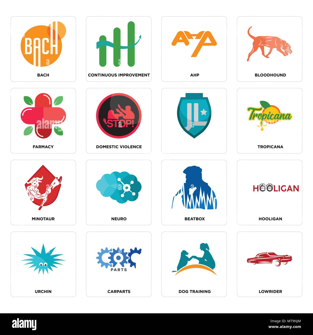 Set Of 16 simple editable icons such as lowrider, dog training, carparts, urchin, hooligan, bach, farmacy, minotaur, can be used for mobile, web UI Stock Vector
