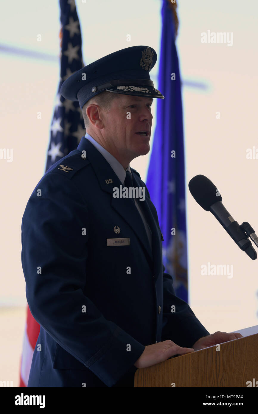 Col. Michael A. Jackson, 27th Special Operations Group commander, speaks during the 20th SOS change of command ceremony May 18, 2018, at Cannon Air Force Base, N.M. Jackson was the presiding officer for the ceremony to exchange the command of the 20th SOS from Lt. Col. Jeremy S. Bergin to Lt. Col. Charles W. Mauze. (U.S. Air Force photo by Senior Airman Luke Kitterman/Released) Stock Photo