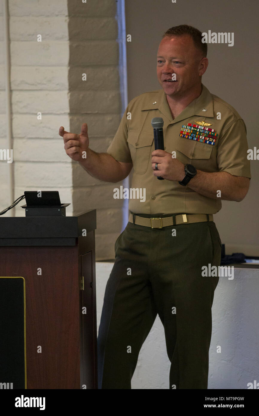 Lt. Col. Jeffrey Dinsmore, commanding officer, 1st Radio Battalion, I Marine Expeditionary Force Information Group, speaks to graduates of Microsoft Software and Systems Academy and their loved ones during the MSSA Recognition Ceremony on Marine Corps Base Camp Pendleton, Calif., May 18, 2018. “MSSA is a program sponsored by Microsoft for veterans and active-duty service members to meet the demands of the ever-growing and ever-changing information technology industry,” said U.S. Marine Corps Cpl. Jaime Rivas with 1st Battalion, 4th Marines, 1st Marine regiment,  1st Marine Division. (U.S. Mari Stock Photo