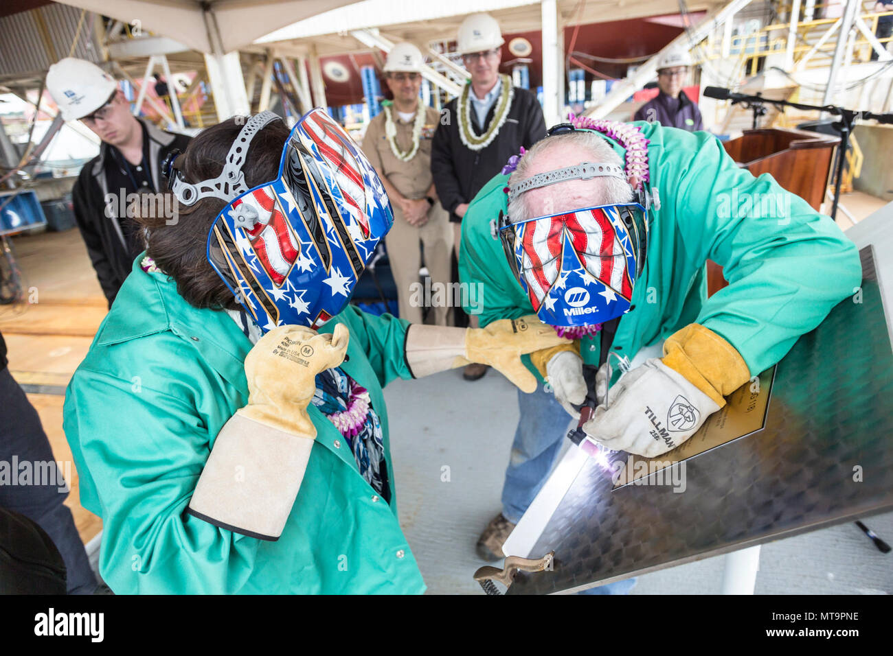 180514NN0101110 BATH, Maine (May 14, 2018) Irene Hirano Inouye, left, and Frank Wood, a Bath