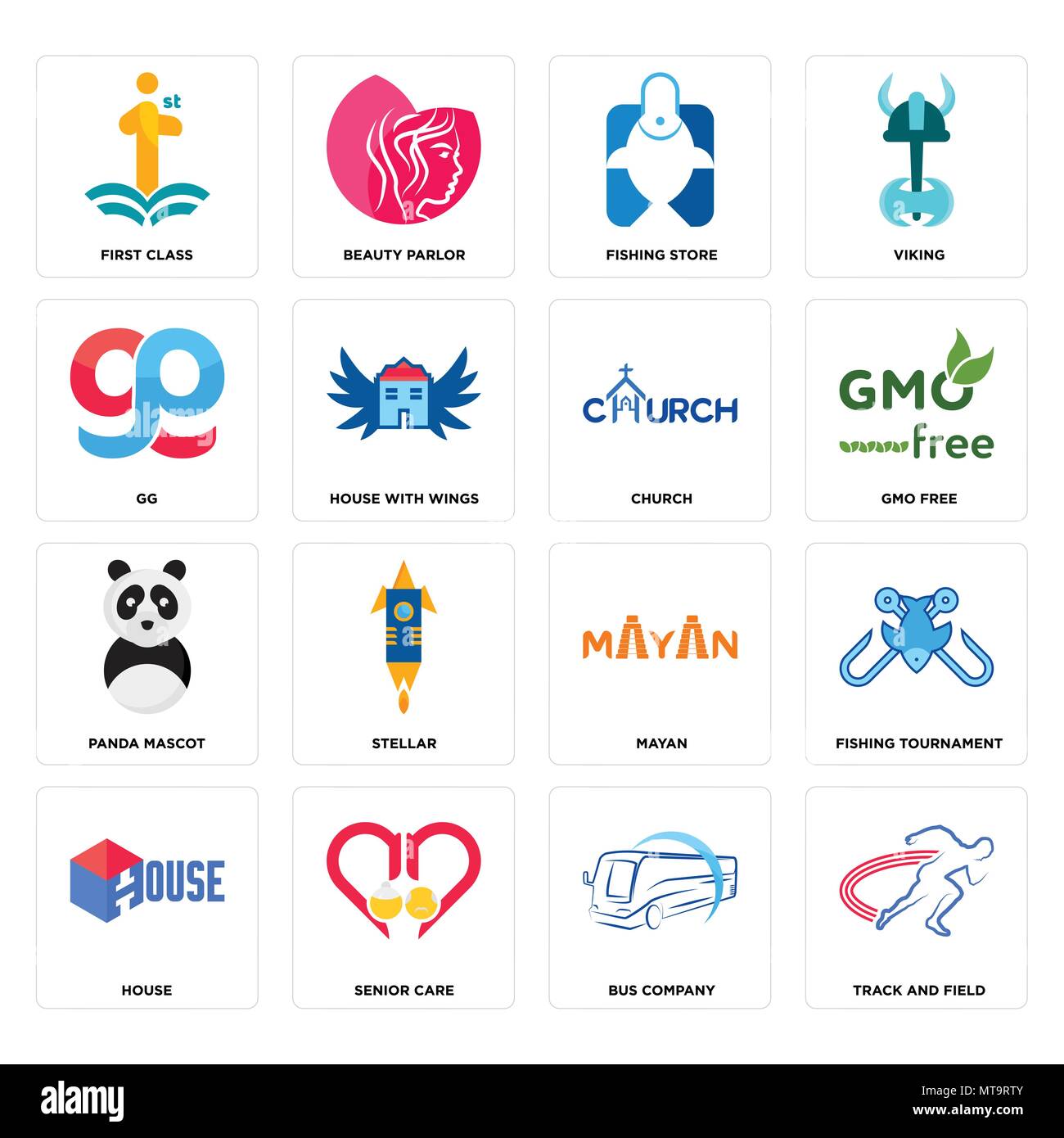 Set Of 16 simple editable icons such as track and field, bus company, senior care, house, fishing tournament, first class, gg, panda mascot, church ca Stock Vector