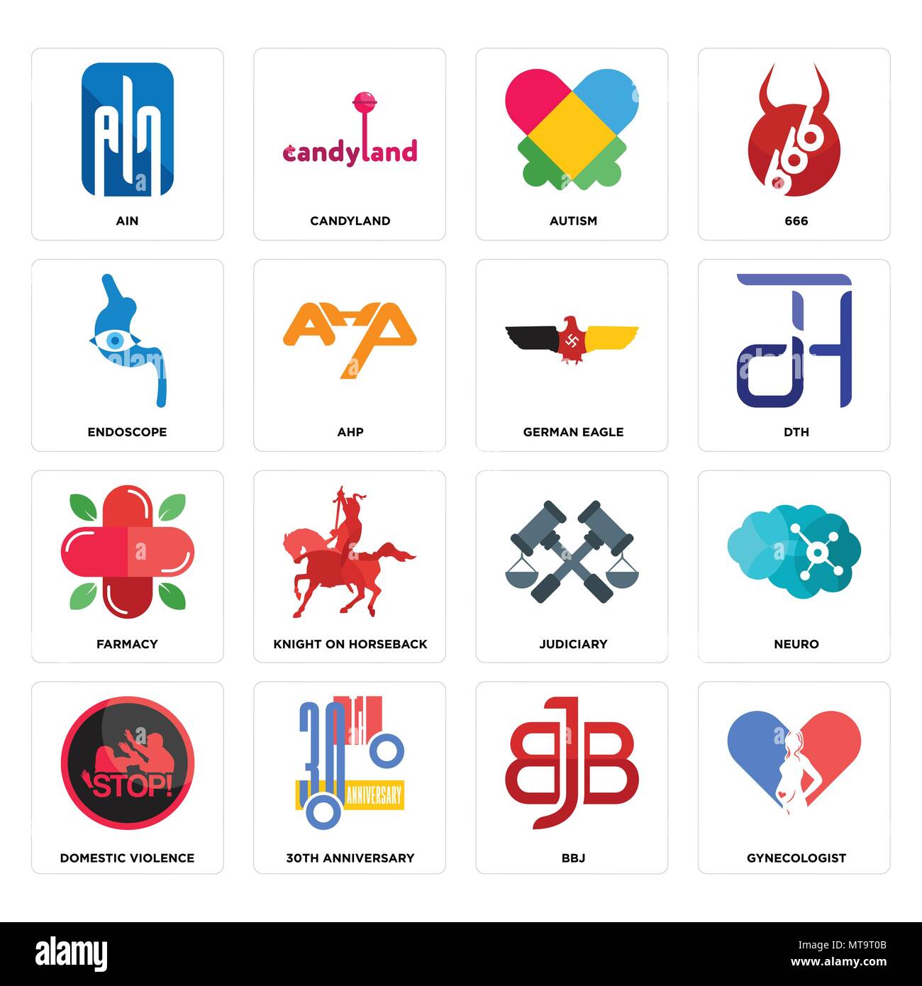 Set Of 16 simple editable icons such as gynecologist, bbj, 30th anniversary, domestic violence, neuro, ain, endoscope, farmacy, german eagle can be us Stock Vector