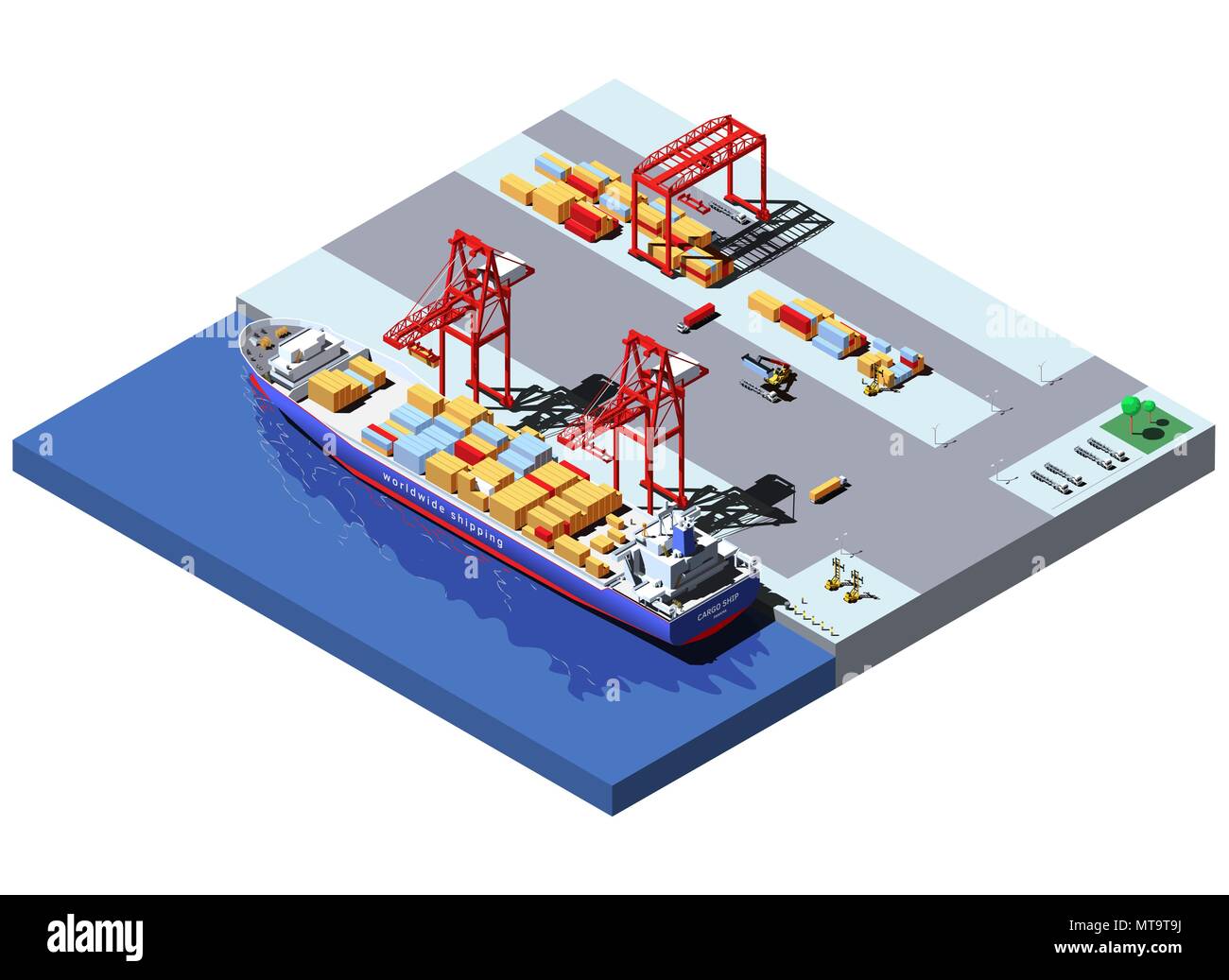 Vector isometric cargo port with two cranes unloading containers from container ship Stock Vector