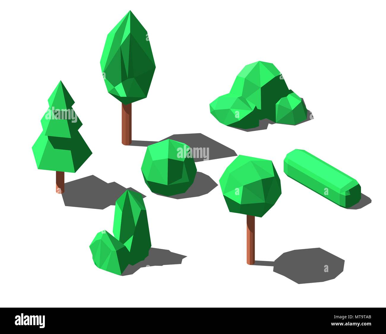 Isometric low poly trees and bushes set vector illustration Stock Vector