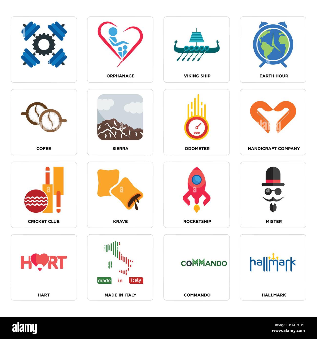 Set Of 16 simple editable icons such as hallmark, commando, made in italy, hart, mister, , cofee, cricket club, odometer can be used for mobile, web U Stock Vector