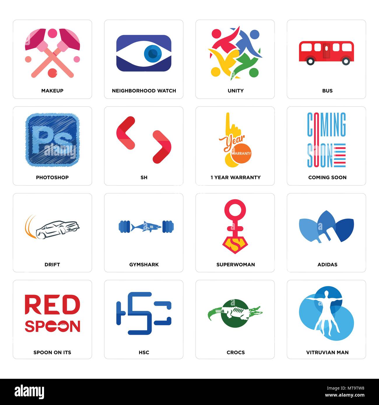 Set Of 16 simple editable icons such as vitruvian man, crocs, hsc, spoon on its, adidas, makeup, photoshop, drift, 1 year warranty can be used for mob Stock Vector