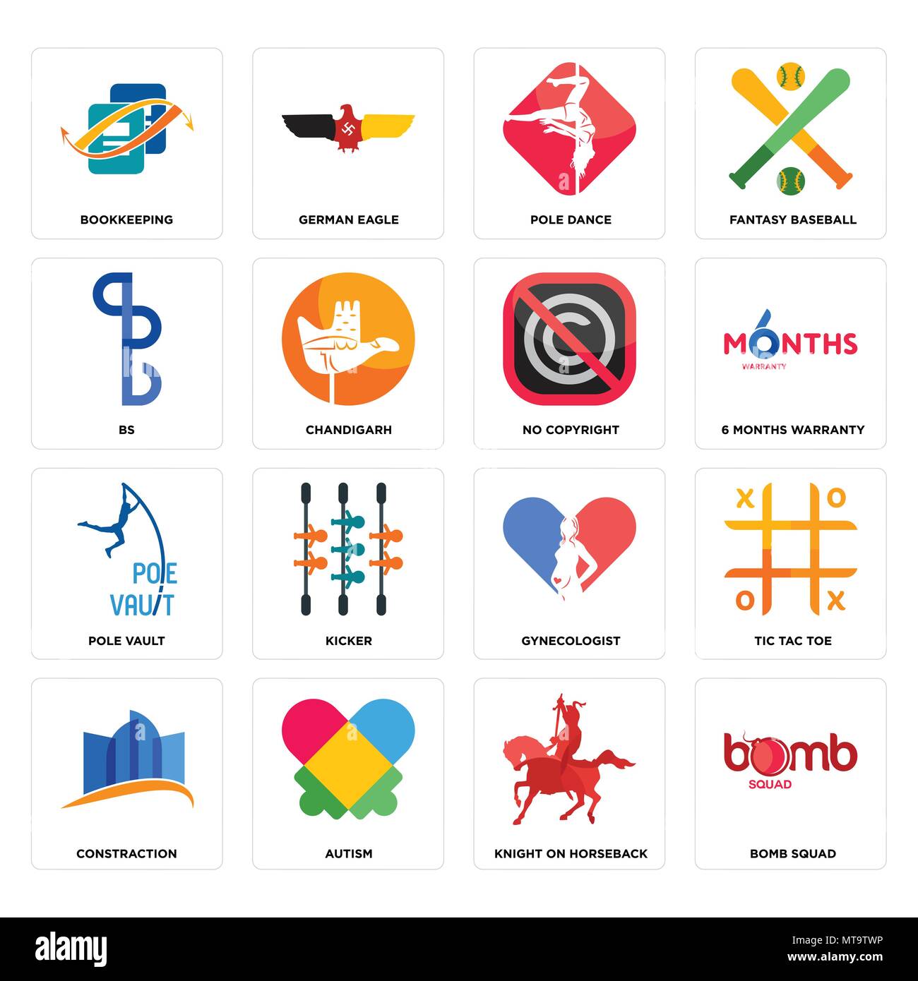 Set Of 16 simple editable icons such as bomb squad, knight on horseback,  autism, constraction, tic tac toe, bookkeeping, bs, pole vault, no  copyright Stock Vector Image & Art - Alamy