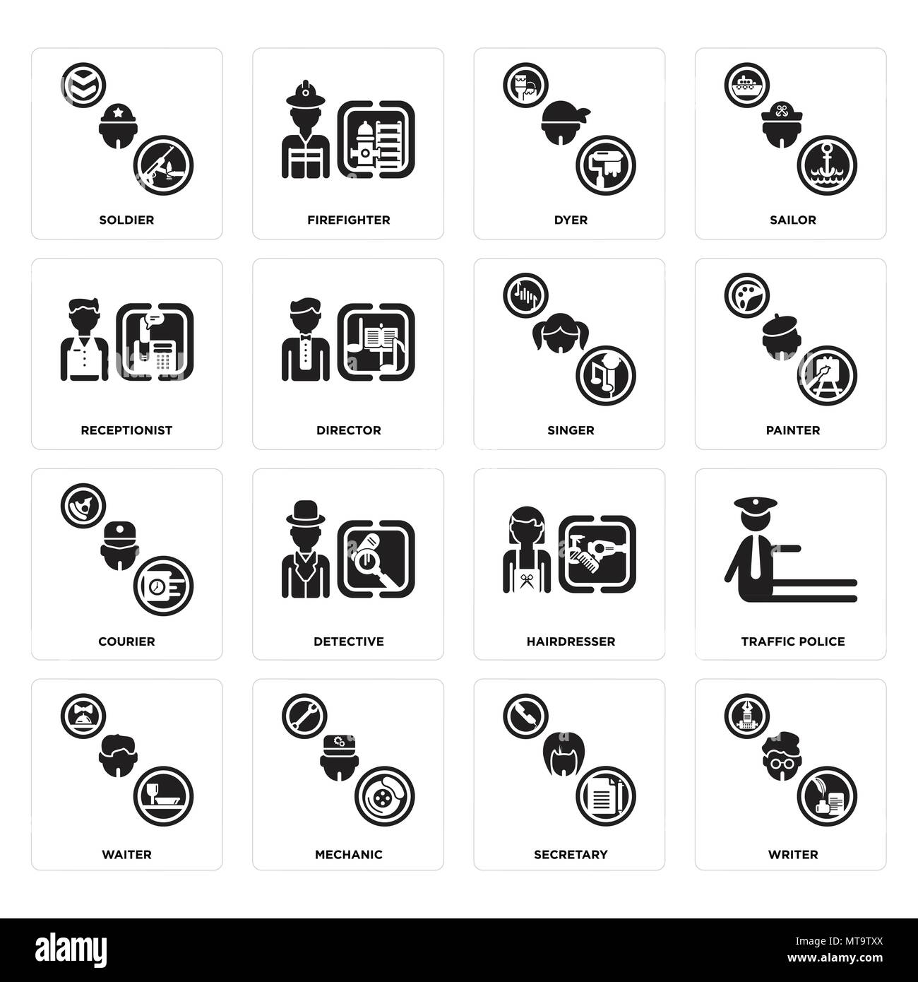 Set Of 16 simple editable icons such as Writer, Secretary, Mechanic, Waiter, traffic police, Soldier, Receptionist, Courier, Singer can be used for mo Stock Vector