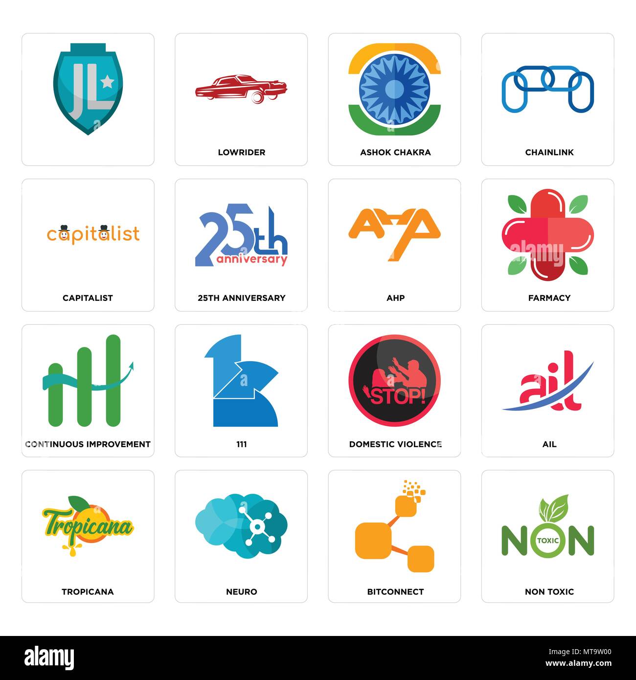Set Of 16 simple editable icons such as non toxic, bitconnect, neuro, tropicana, ail, , capitalist, continuous improvement, ahp can be used for mobile Stock Vector
