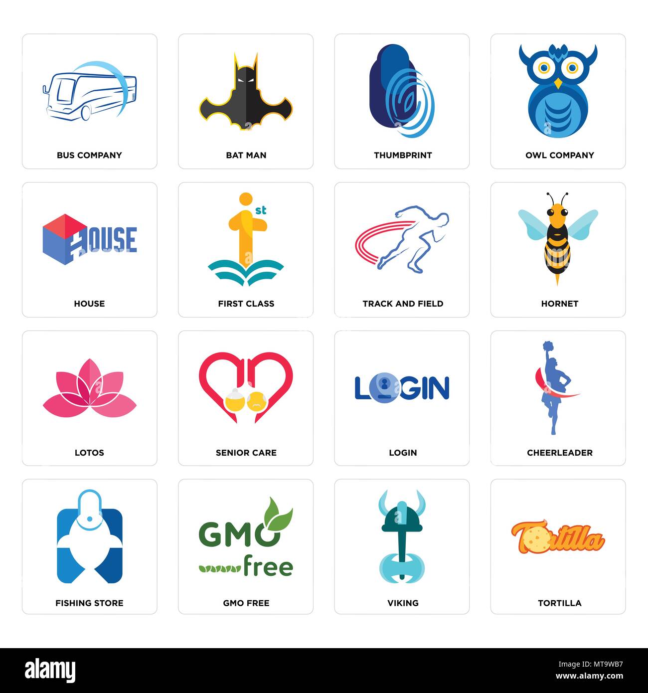 Set Of 16 simple editable icons such as tortilla, viking, gmo free, fishing store, cheerleader, bus company, house, lotos, track and field can be used Stock Vector