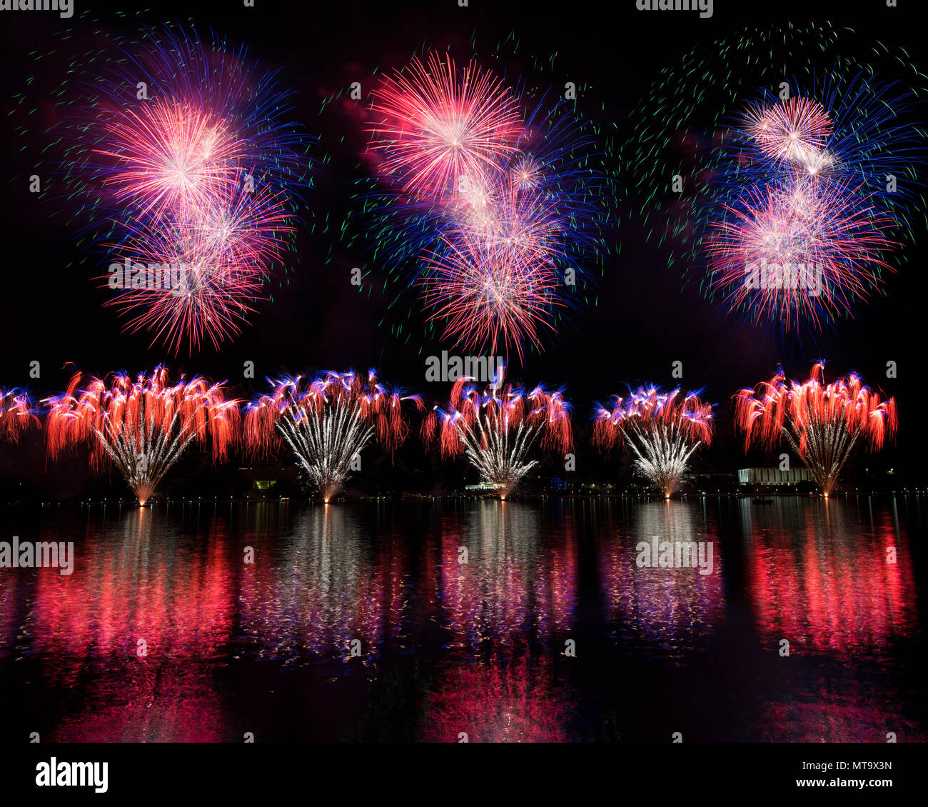 Skyfire 2018 Firework Display over Lake Burley Griffin, Canberra, Australian Capital Territory (ACT), Australia. Skyfire is an annual March fireworks  Stock Photo