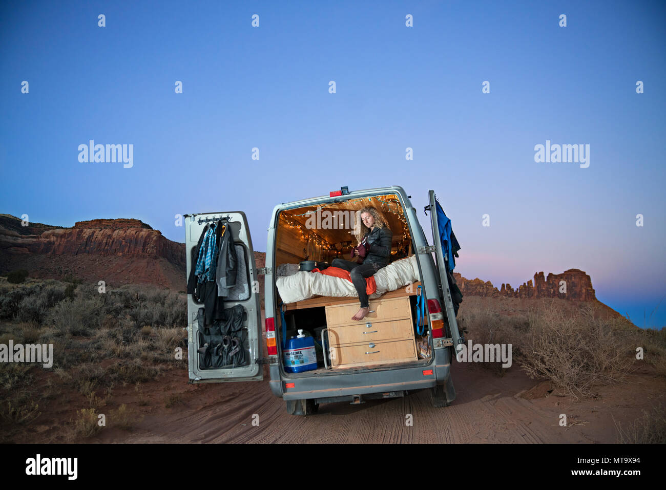 Living in a van in Indian Creek Stock Photo