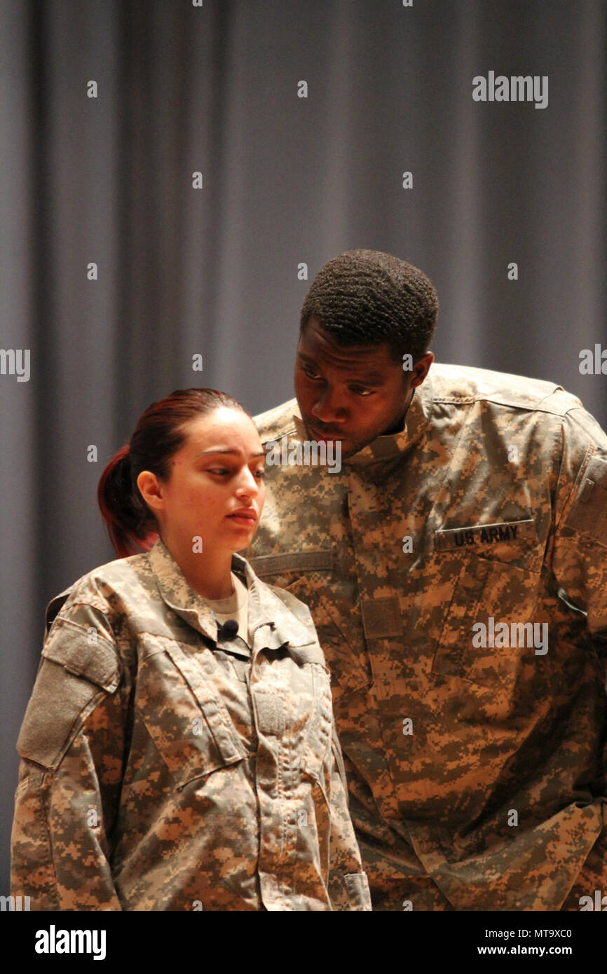 FORT GORDON, Ga. – Jeanne Morales (left) portrays an Army private who ...