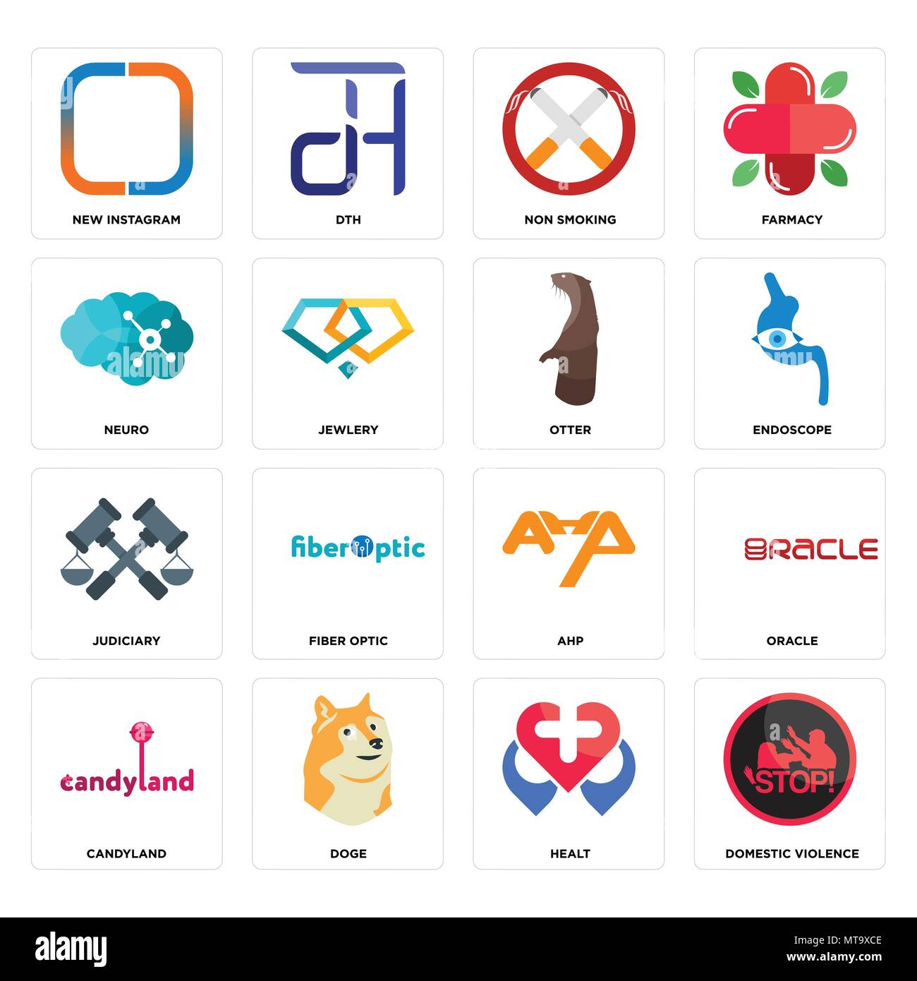 Set Of 16 simple editable icons such as domestic violence, healt, doge, candyland, oracle, new instagram, neuro, judiciary, otter can be used for mobi Stock Vector
