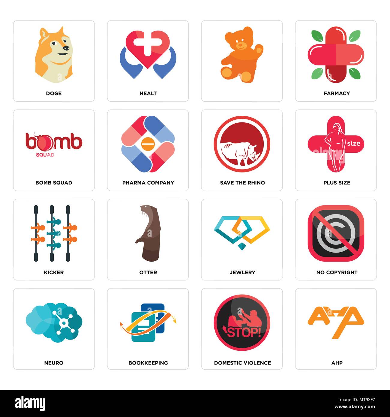 Set Of 16 simple editable icons such as ahp, domestic violence, bookkeeping, neuro, no copyright, doge, bomb squad, kicker, save the rhino can be used Stock Vector