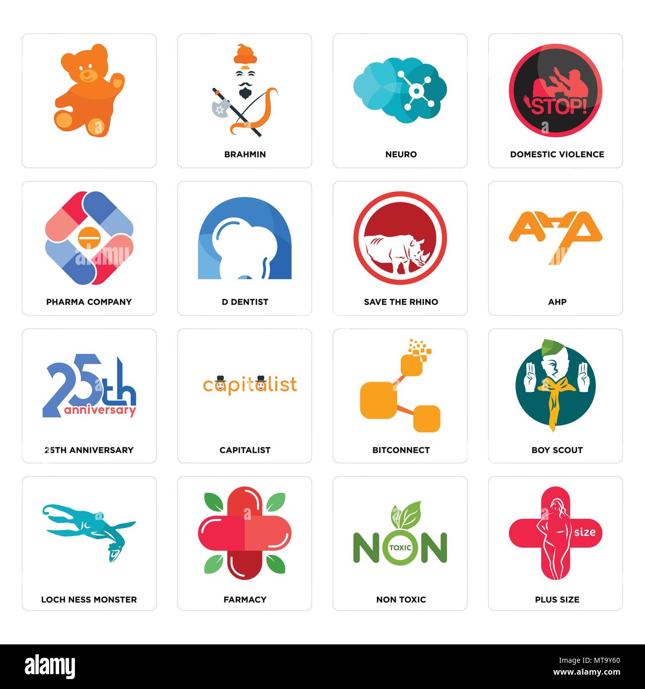 Set Of 16 simple editable icons such as plus size, non toxic, farmacy, loch ness monster, boy scout, , pharma company, 25th anniversary, save the rhin Stock Vector