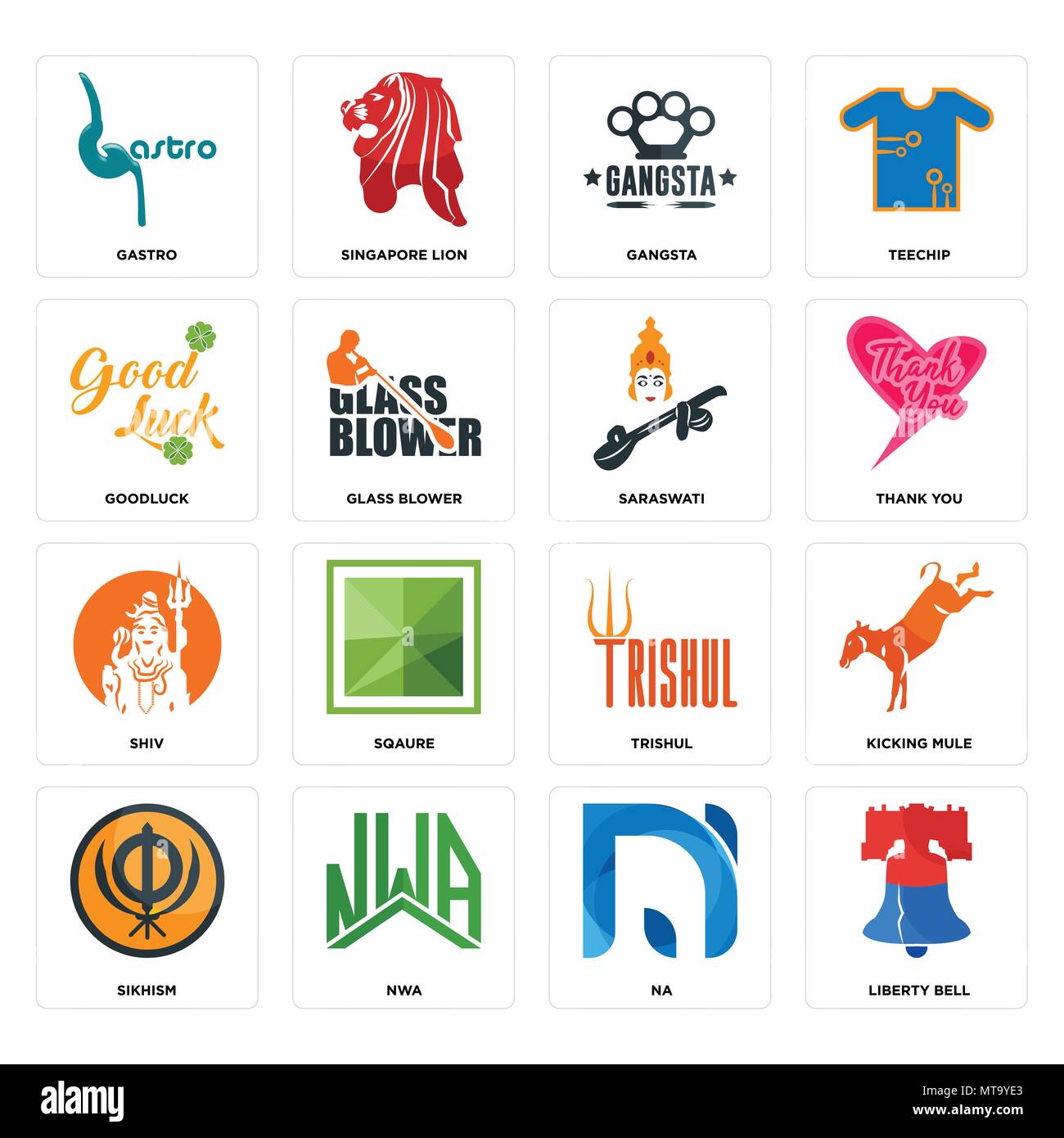 Set Of 16 simple editable icons such as liberty bell, na, nwa, sikhism, kicking mule, gastro, goodluck, shiv, saraswati can be used for mobile, web UI Stock Vector