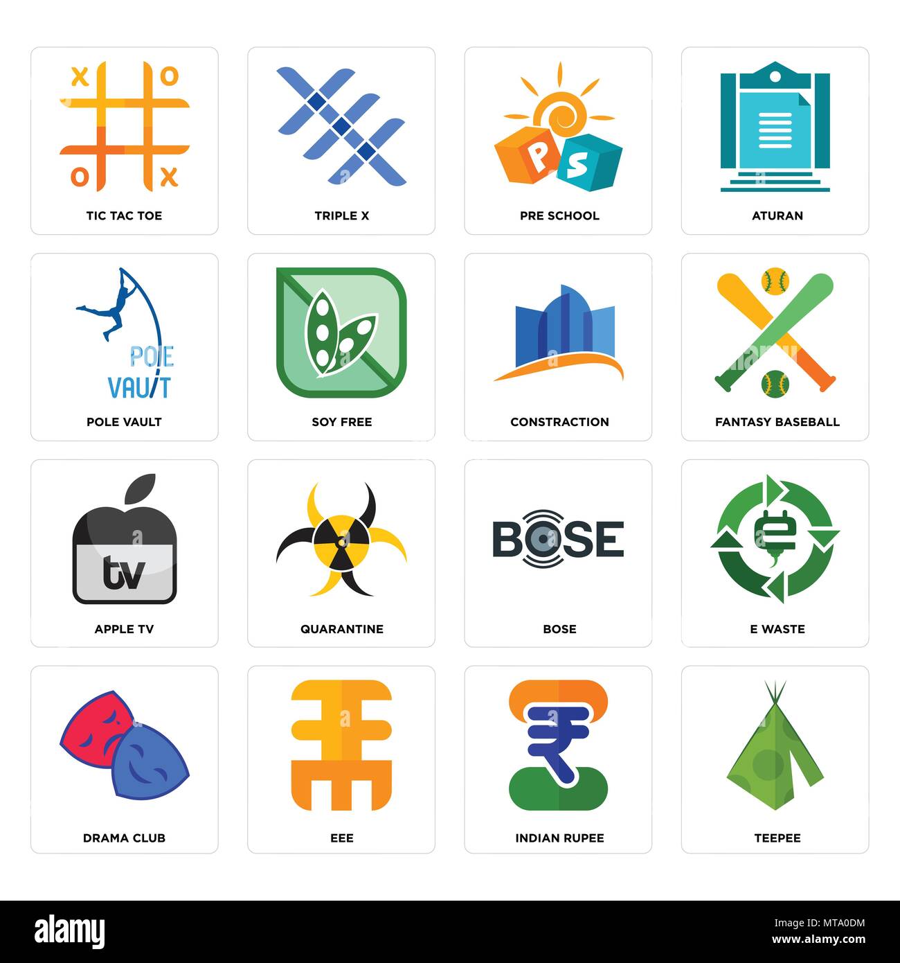 Set Of 16 simple editable icons such as teepee, indian rupee, eee, drama club, e waste, tic tac toe, pole vault, apple tv, constraction can be used fo Stock Vector