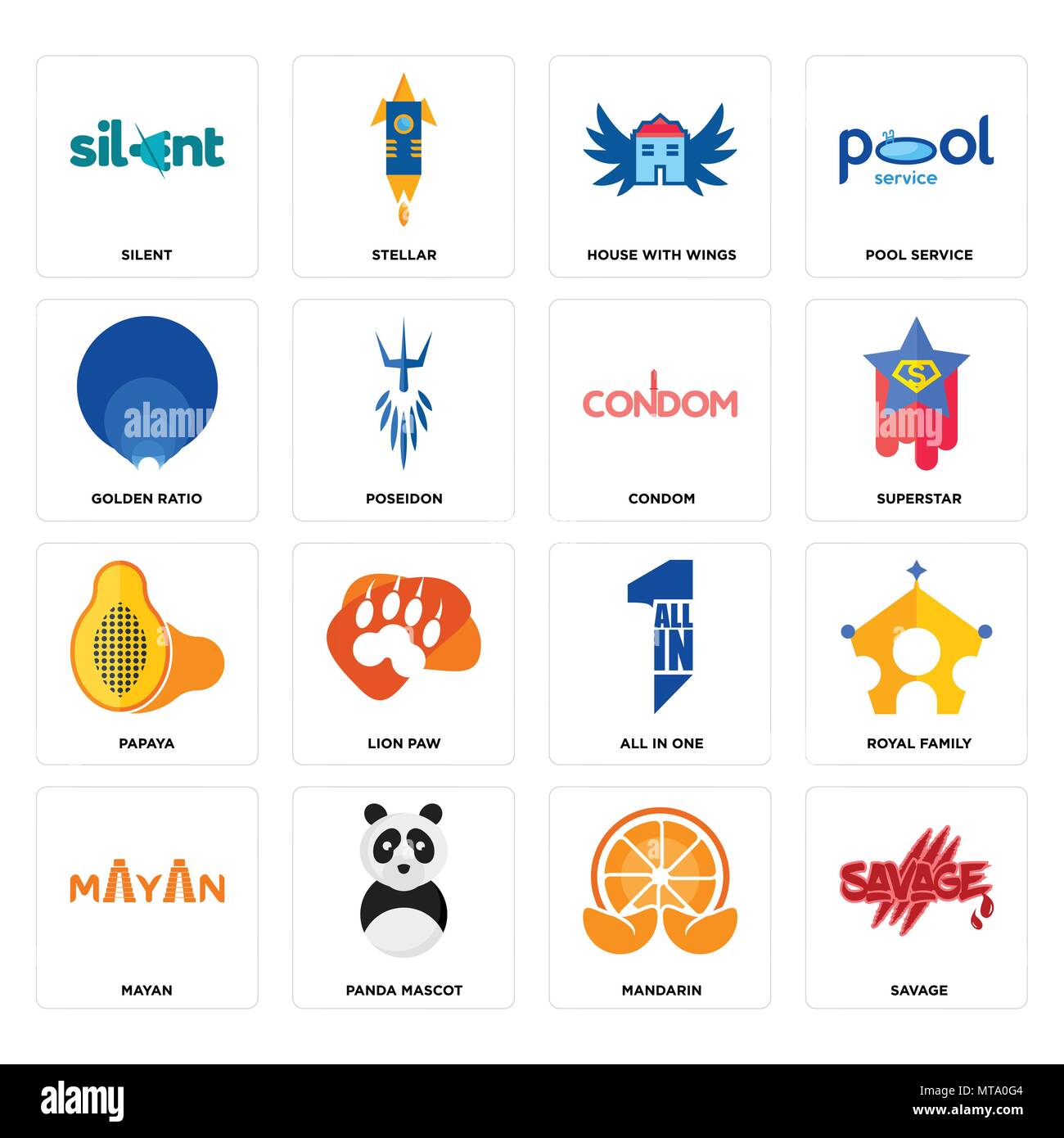 Set Of 16 simple editable icons such as savage, mandarin, panda mascot, mayan, royal family, silent, golden ratio, papaya, condom can be used for mobi Stock Vector