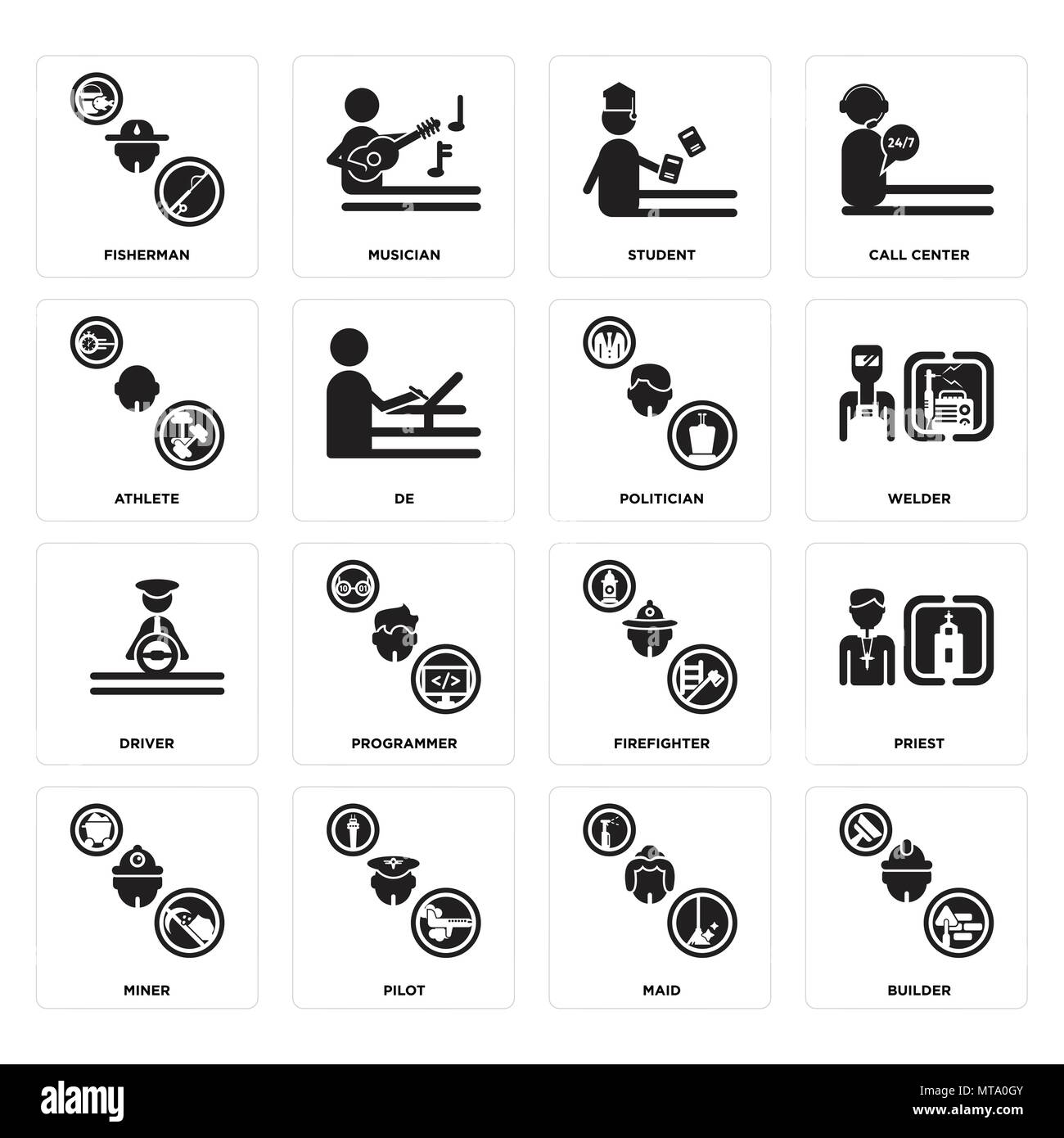 Set Of 16 simple editable icons such as Builder, Maid, Pilot, Miner, Priest, Fisherman, Athlete, Driver, Politician can be used for mobile, web UI Stock Vector